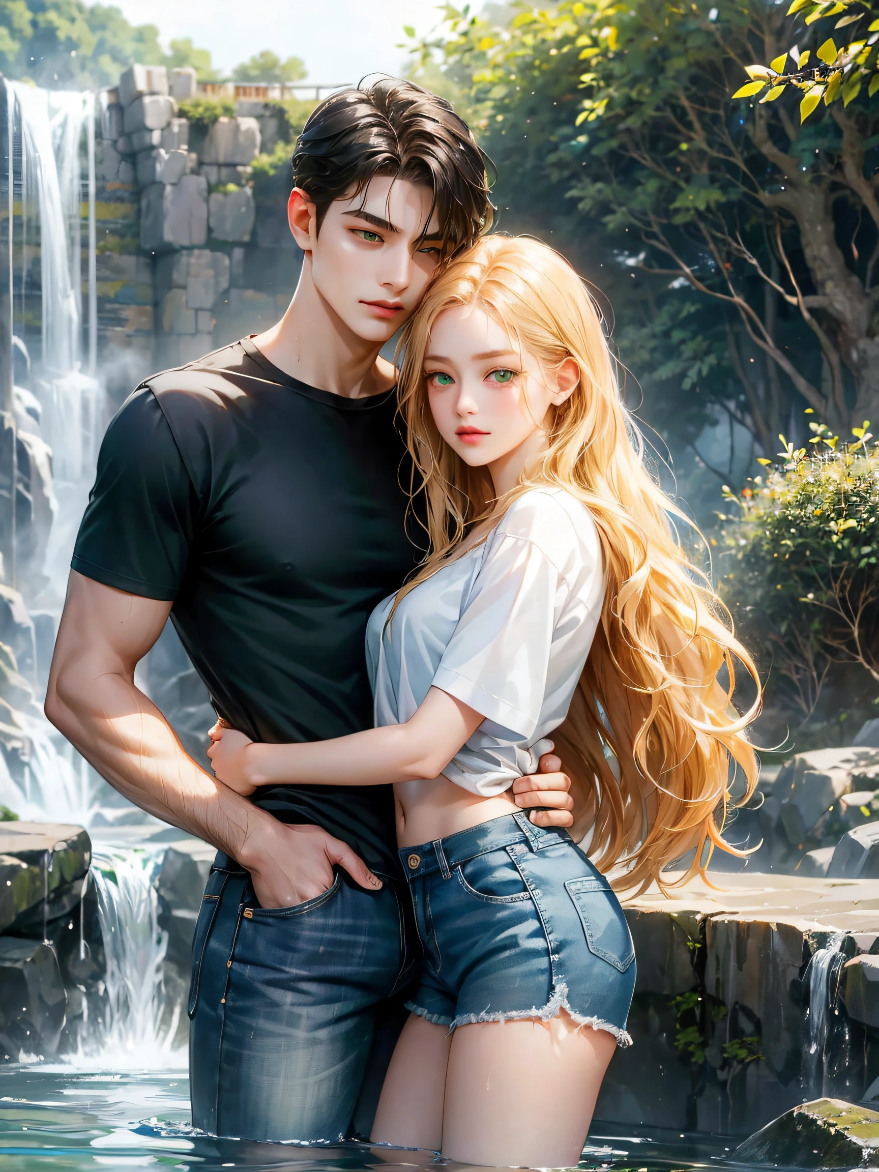 Couple, 1 girl 1 boy, different hair color, long blonde wavy hair no bangs and grey eyes, shorts, pitank-top, short black hair and (green eyes) , shirt and jeans, hug, height different, detailed eyes, looking the viewer, they're inside water, background waterfalls