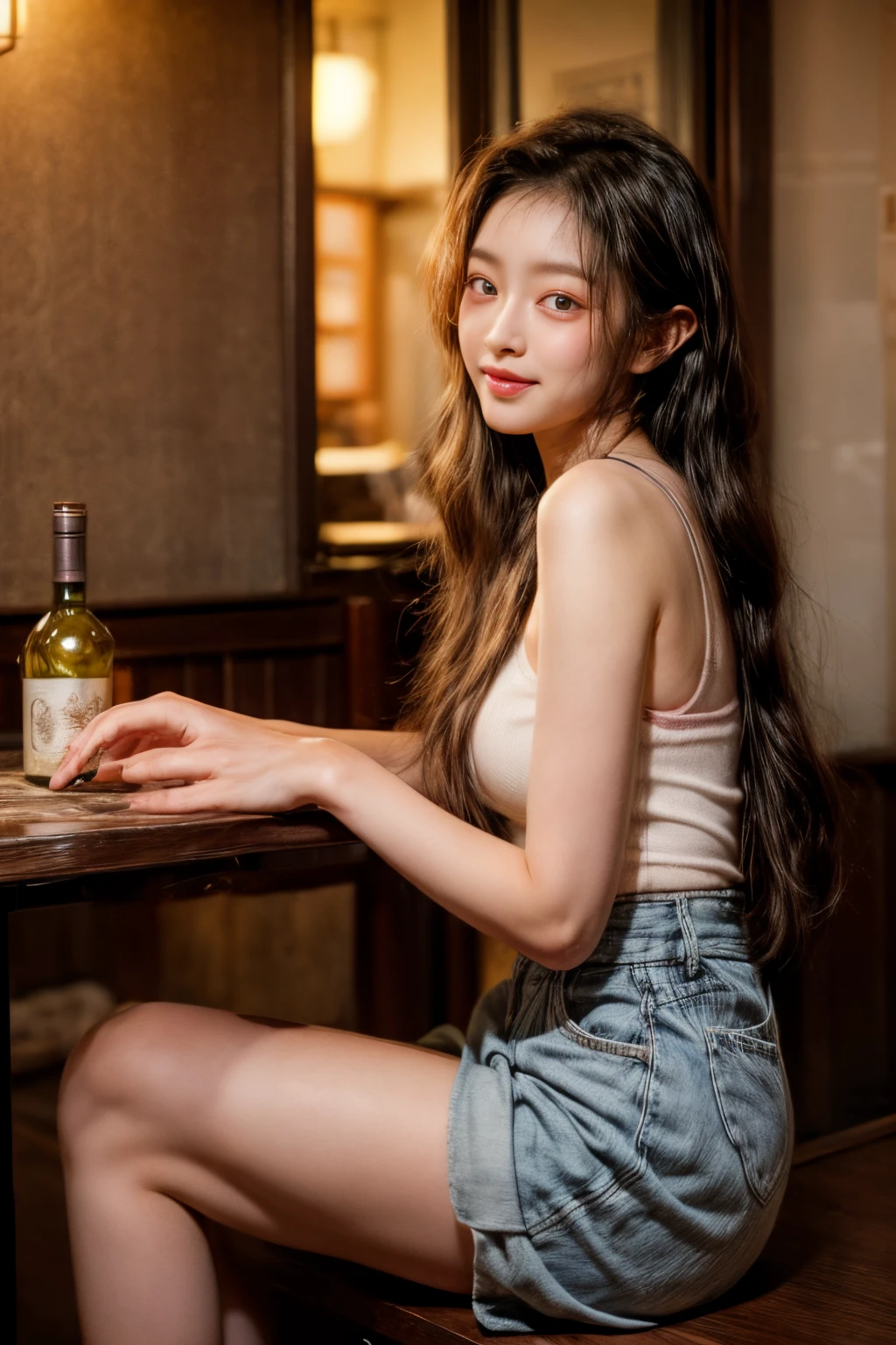 masterpiece、8K、32K、top-quality、(A detailed eye)、(A cute Japanese woman、bangss)、23years old、1 girl in、elegent、(Detailed background depiction、portlate:1.2)、(blushed face、I'm sleepy、ssmile:1.5)、Be undress、(Izakaya、Inside a store with many people:1.3)、sitting on、(Yakitori and alcohol on the table:1.4)、cowboy shot、(blushed face:1.2)、beauty legs