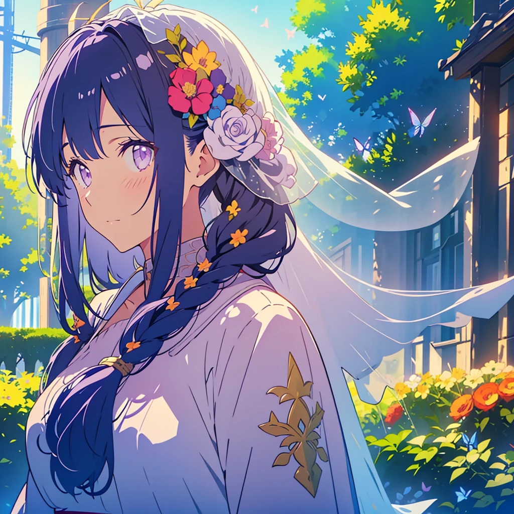 TMND-Mix_II, bride, flower veil, textured veil, dreamy, long hair, dark blue hair, purple eyes, half braid hair, detailed wedding dress, detailed scenery, flowers and tress, wind, butterflies🦋, happy atmosphere, from afar