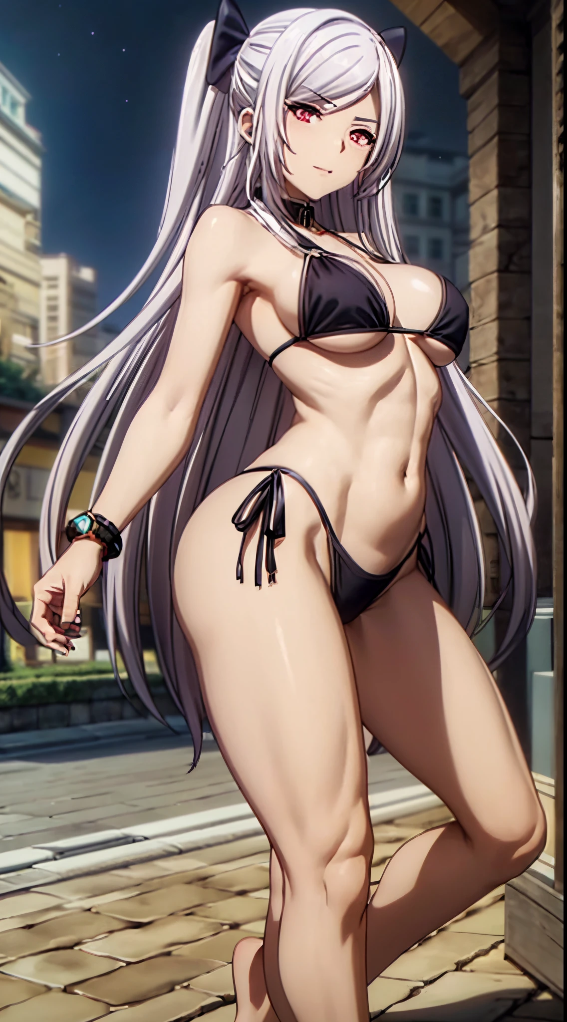 1 garota, (((Alexia Midgar))), Cabelos prateados, Olhos vermelhos, peitos grandes, anatomia perfeita, ((very short black bikini), usando fio dental, pernas musculosas, barriga musculosa, cintura fina, quadris Largo, (olhando para mim), on the beach at night with starry sky and full moon in the sky, foco nas pernas, barefoot, standing on her feet, (foto de corpo inteiro), eye reflection, olhos brilhantes, Emburrado, anime, estilo anime, ray tracing, Cinematic lighting, panorama, Sony FE, Hard disk, master part, ccurate, anatomicamente correto, Super Detalhe, alta qualidade, disco Rigido, Altas, 16k