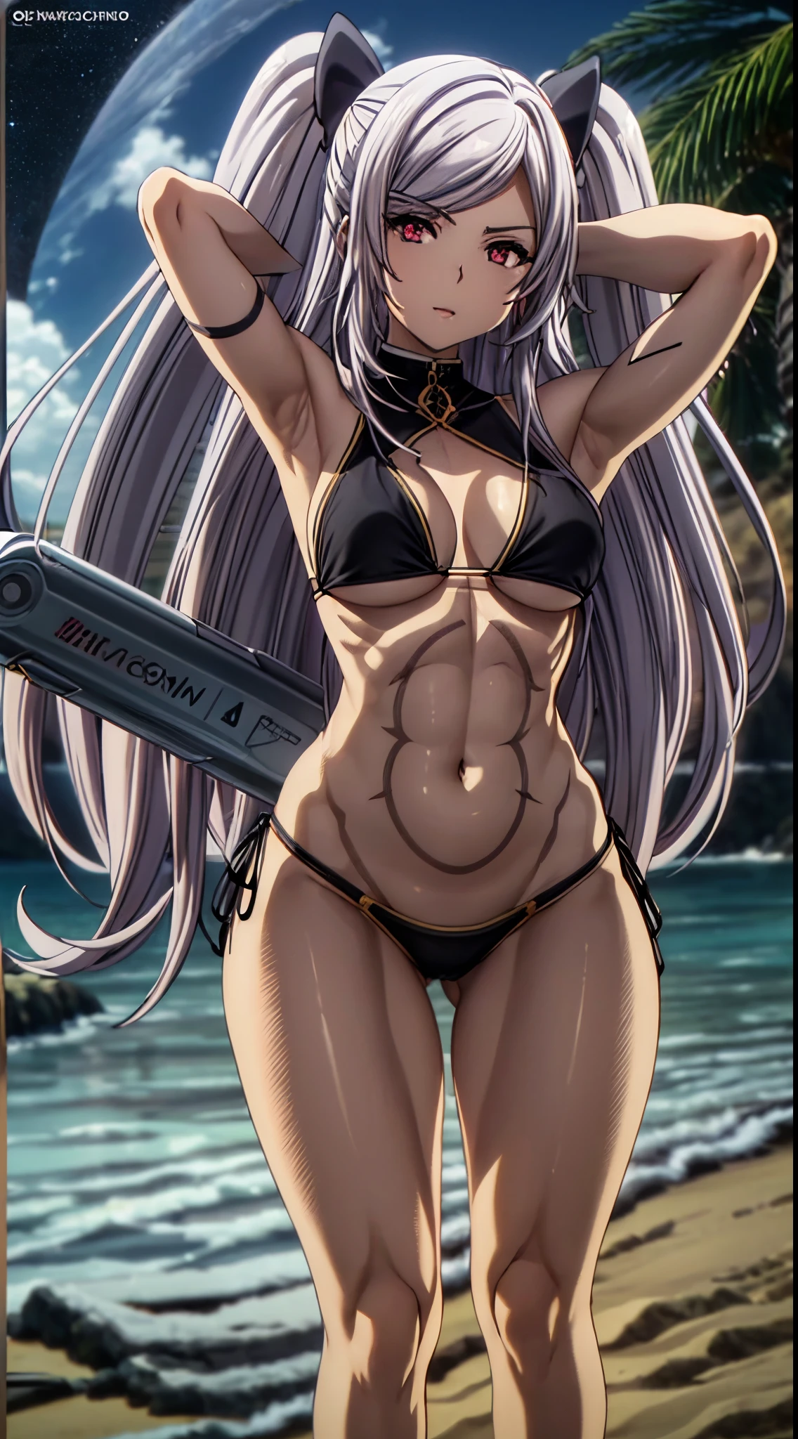 1 garota, (((Alexia Midgar))), Cabelos prateados, Olhos vermelhos, peitos grandes, anatomia perfeita, ((very short black bikini), usando fio dental, pernas musculosas, barriga musculosa, cintura fina, quadris Largo, (olhando para mim), on the beach at night with starry sky and full moon in the sky, foco nas pernas, barefoot, standing on her feet, (foto de corpo inteiro), eye reflection, olhos brilhantes, Emburrado, anime, estilo anime, ray tracing, Cinematic lighting, panorama, Sony FE, Hard disk, master part, ccurate, anatomicamente correto, Super Detalhe, alta qualidade, disco Rigido, Altas, 16k