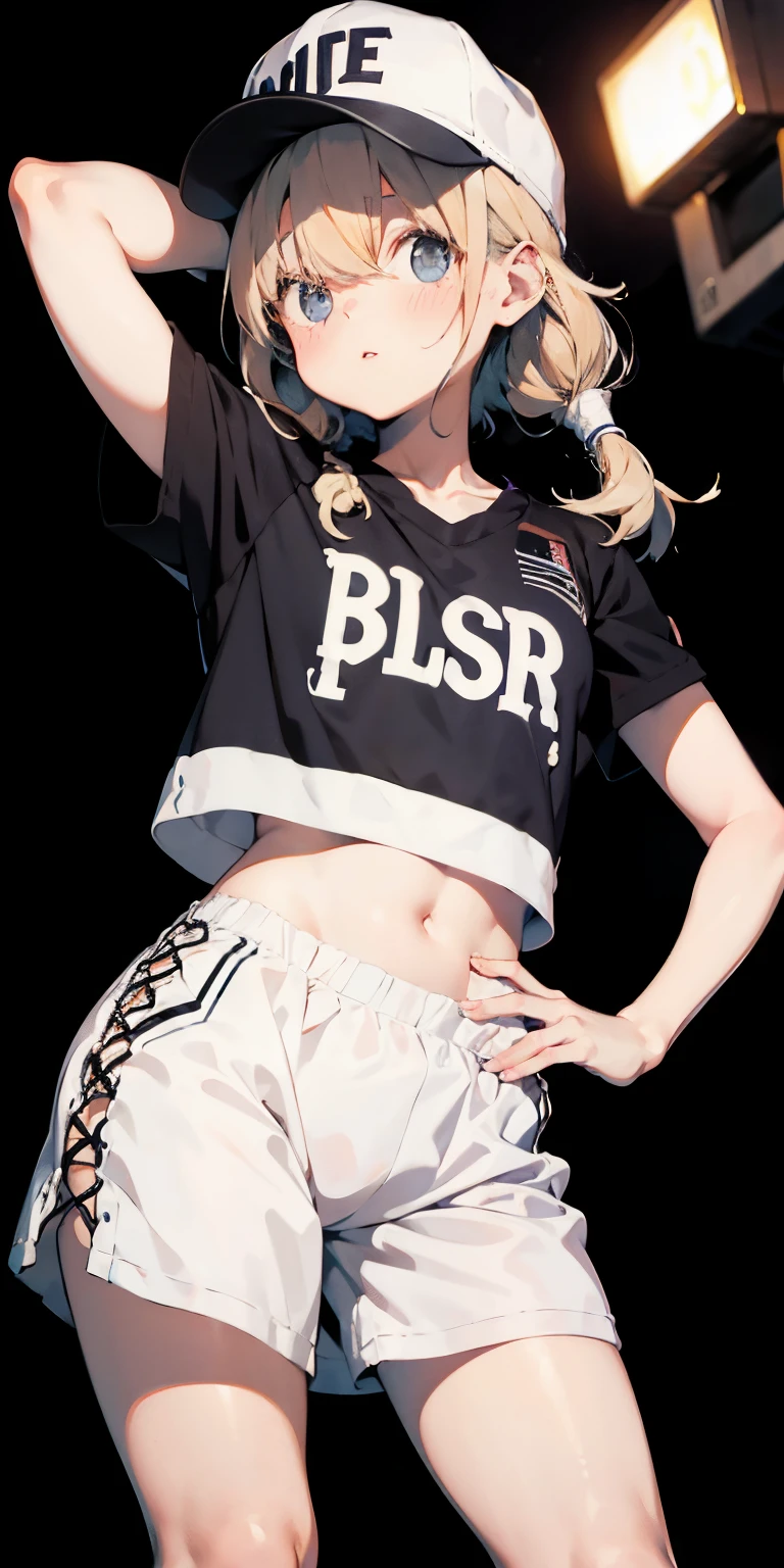 Random basketball player white skin girl, cool shooting on hoop shot, happy, cute shy girl, blond long hair, sexy, slim, poser, tomboy, cool basketball court background, black binnie , cap