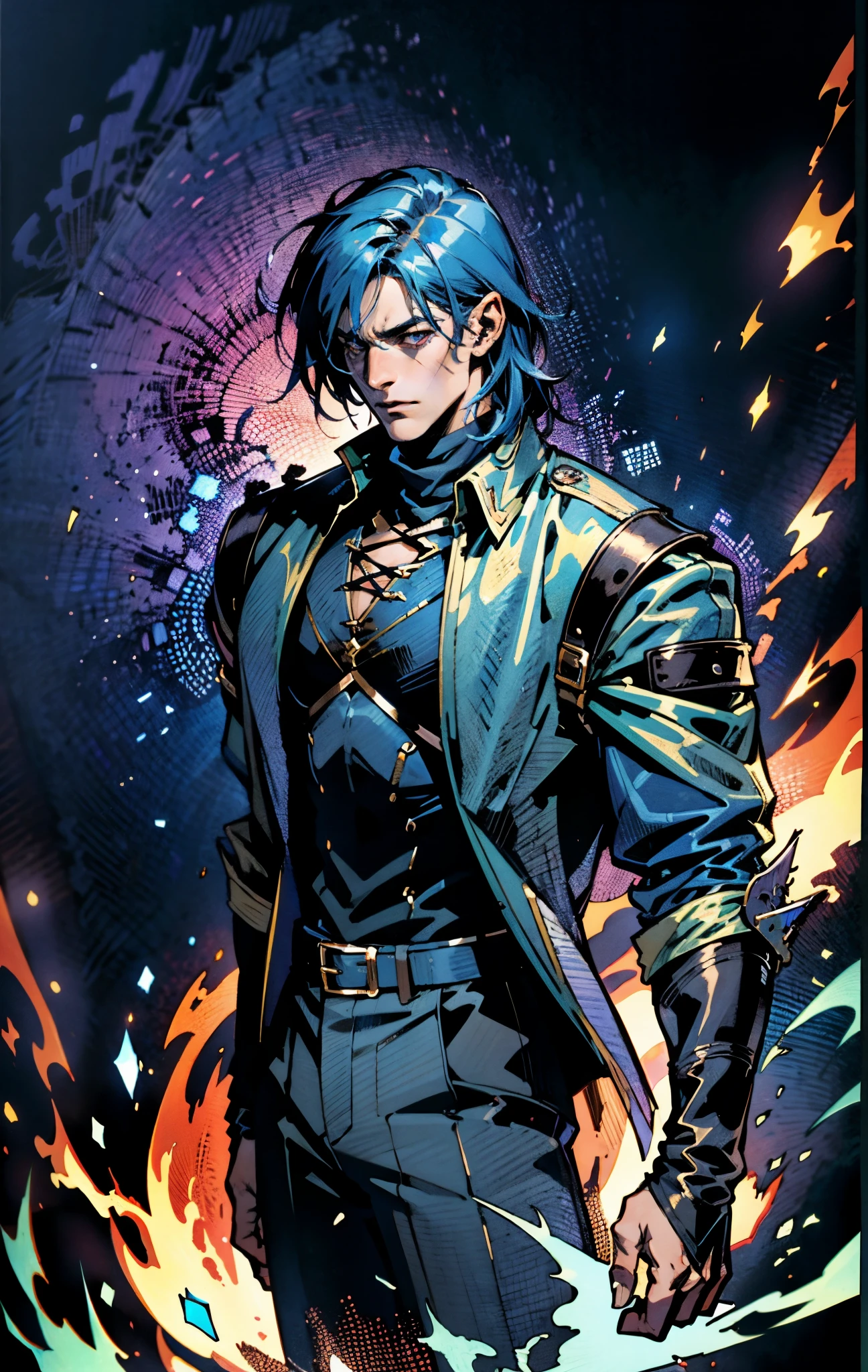 A young man, dark blue short hair, long bangs covering half of his face, sharp eyes, a long scar on his face, an expression of discontent, a fantasy-realistic style leather jacket over a dark undershirt, trousers that matching the outfit, black fire swirling around, the background depicts a menacing dragon formed by black flames, this character embodies a finely crafted fantasy-realistic in anime style, exquisite and mature manga+comic art style, high definition, best quality, highres, ultra-detailed, ultra-fine painting, extremely delicate, professional, anatomically correct, symmetrical face, extremely detailed eyes and face, high quality eyes, creativity, RAW photo, UHD, 8k, Natural light, cinematic lighting, masterpiece-anatomy-perfect, masterpiece:1.5