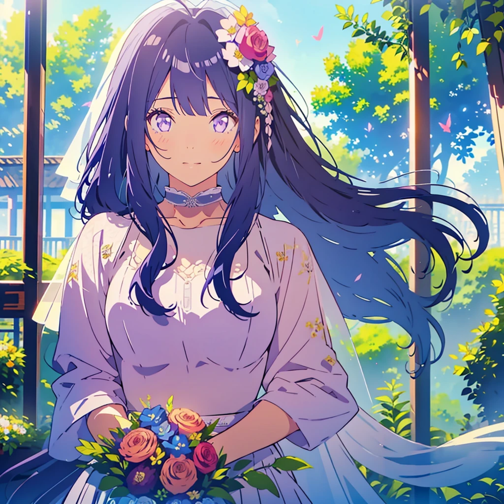 TMND-Mix_II, bride, flower veil, textured veil, dreamy, long hair, dark blue hair, purple eyes, half braid hair, detailed wedding dress, detailed scenery, flowers and tress, wind, butterflies🦋, happy atmosphere, from afar