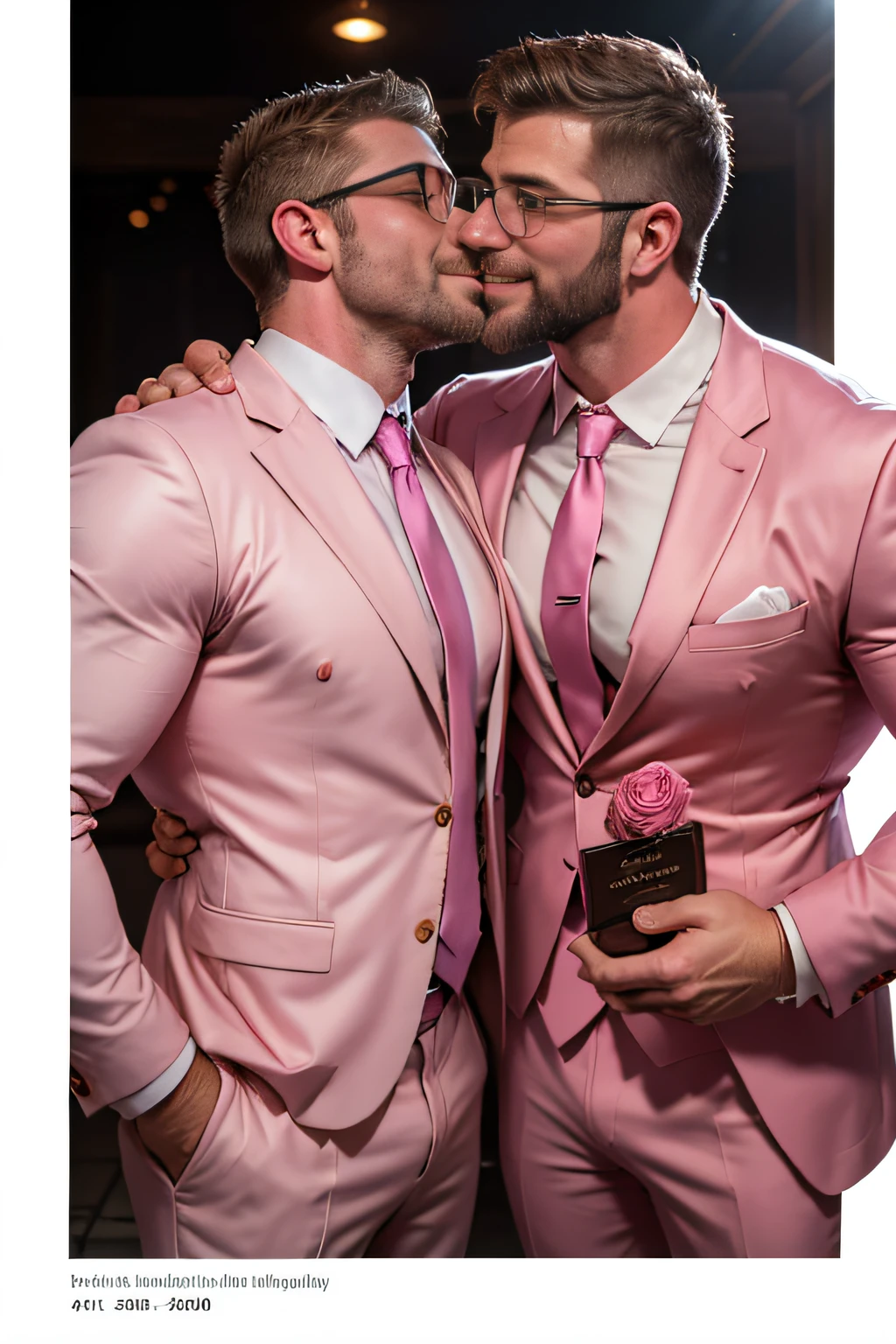 Award-winning original photos，2men, wild muscular men, (40 years old daddy:1.1), beards, burly, hunk, jackets, smilling happily, one of the man wearing glasses, wedding party, (white and pink suits), (pink neckties), (pink jackets), hugging, giving a kiss, detailed, lovely, faces closeup