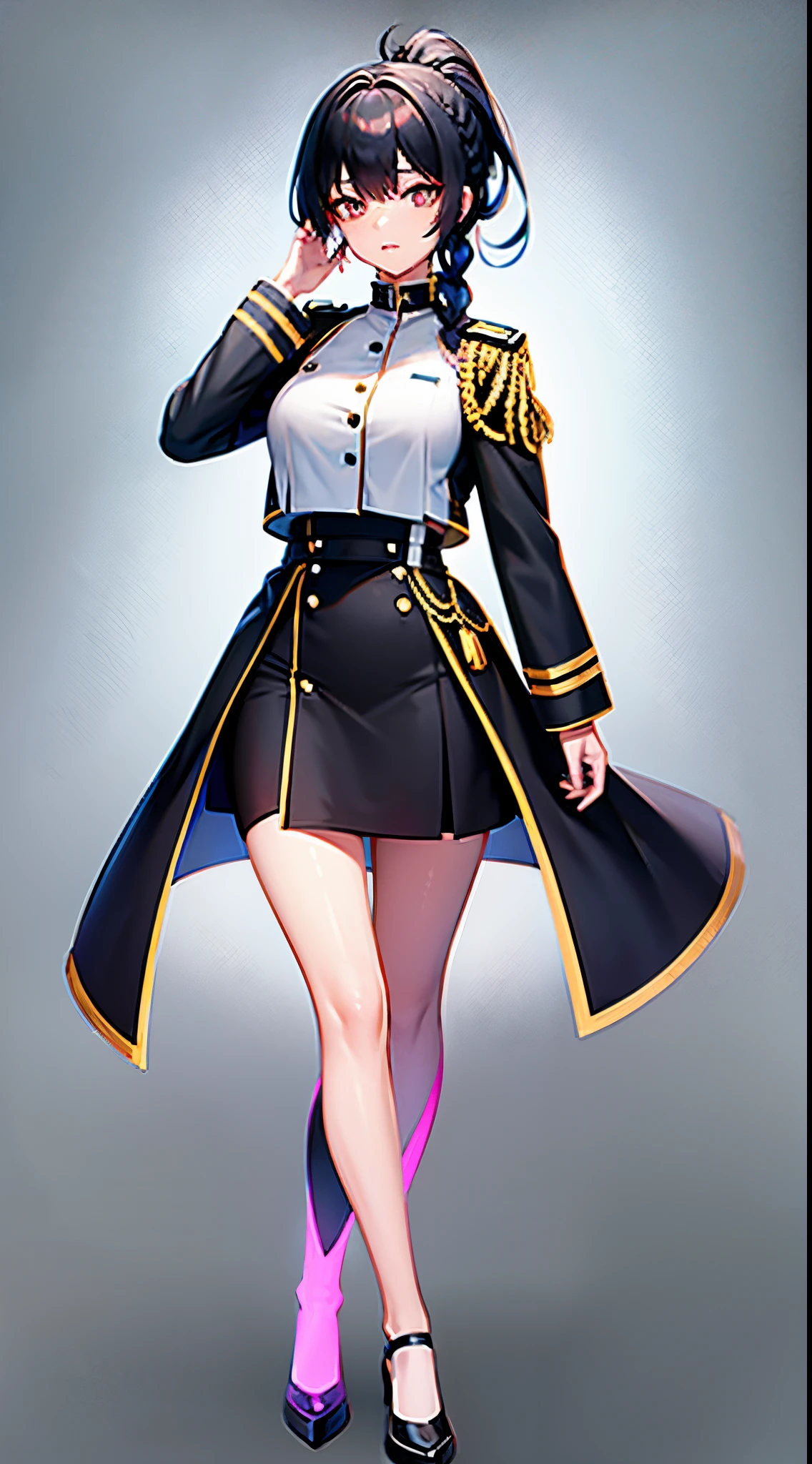 Vtuber, character design, full body, White only background, girl, black plus blue hair, medium hair, braid ponytail, White eyes, military uniform