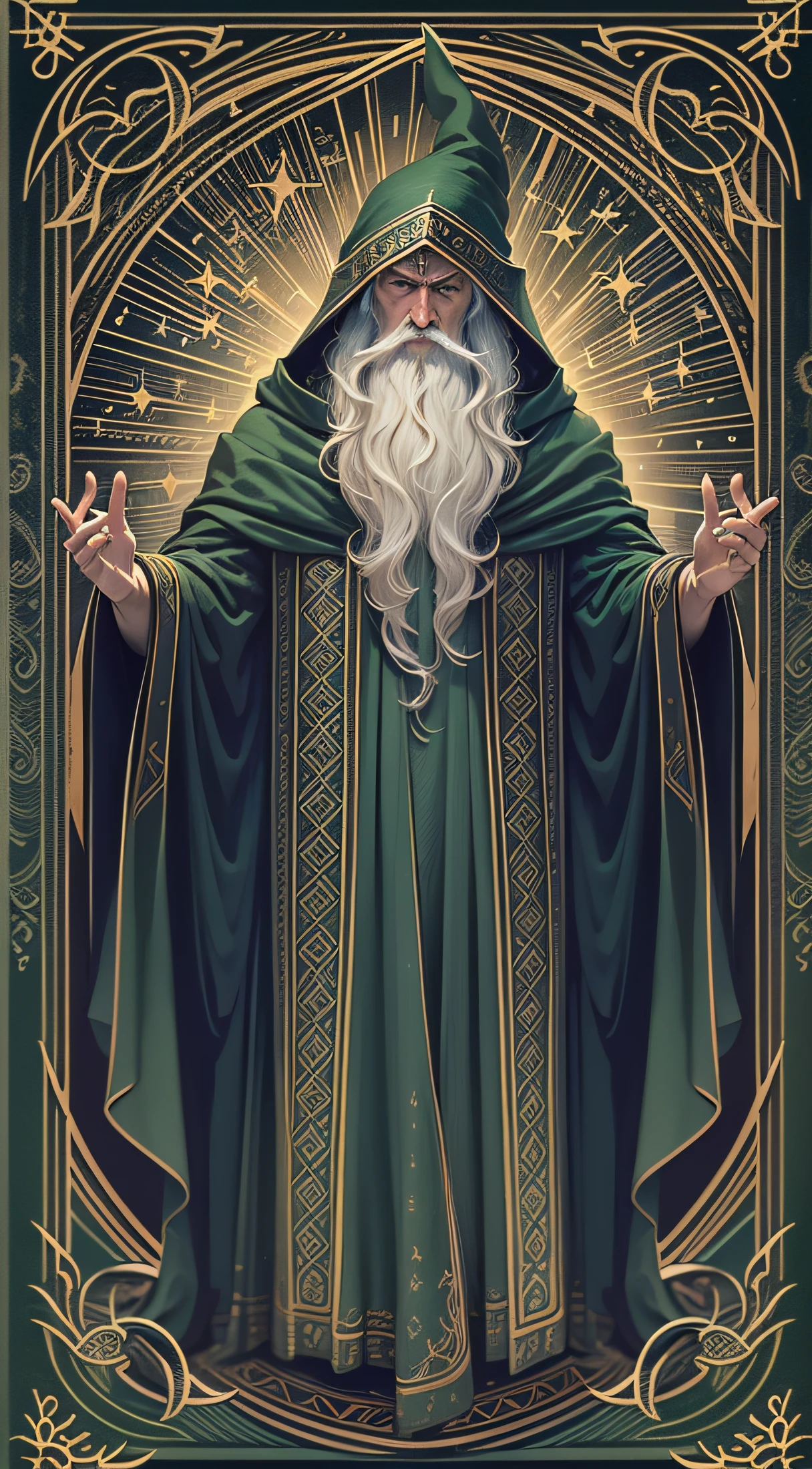 Tarot card design, symmetrically. Depicted a wizard in a robe. Aura of Magic, Magic ritual, masterfully, hyper realisitc, ultradetail, dark green background