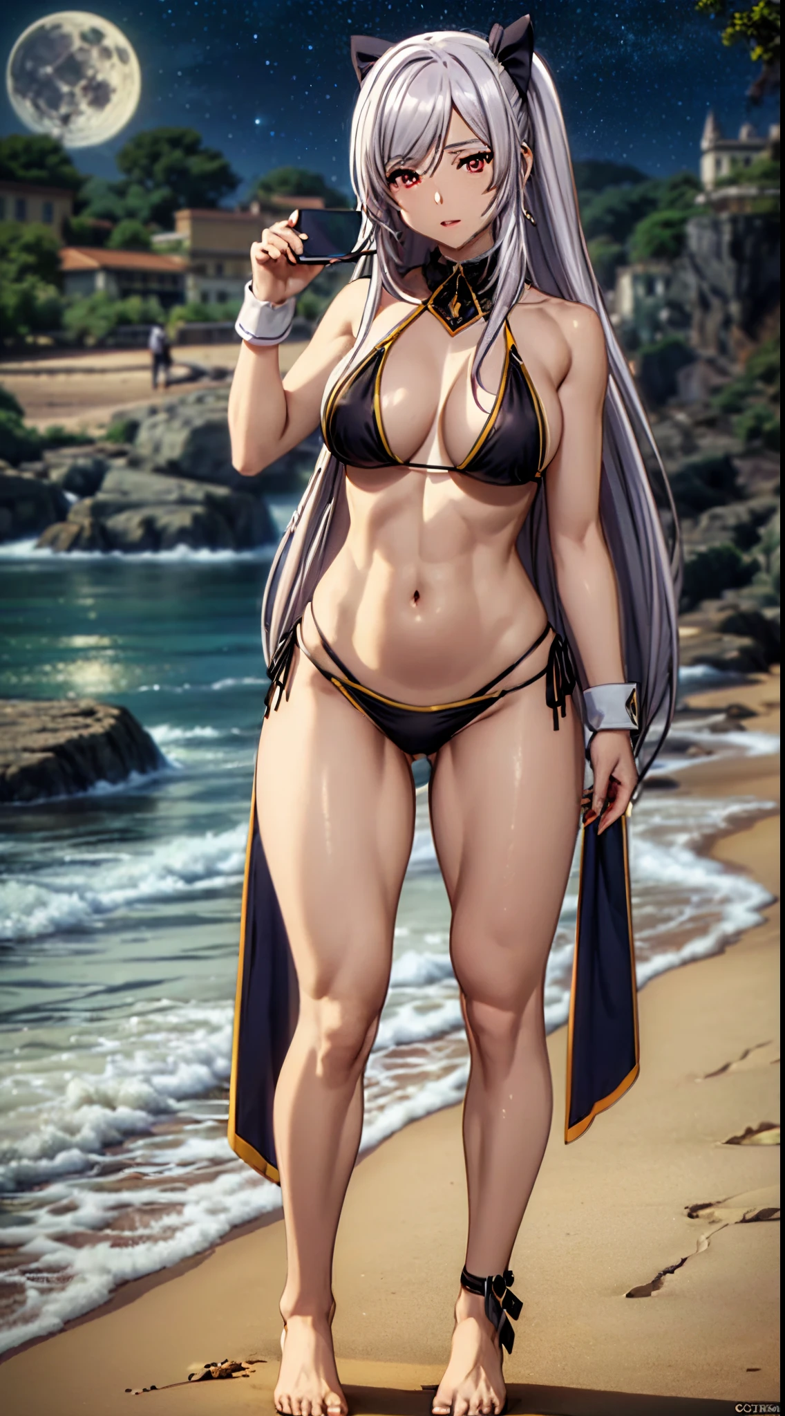 1 garota, (((Alexia Midgar))), Cabelos prateados, Olhos vermelhos, peitos grandes, anatomia perfeita, ((very short black bikini), usando fio dental, pernas musculosas, barriga musculosa, cintura fina, quadris Largo, (olhando para mim), on the beach at night with starry sky and full moon in the sky, foco nas pernas, barefoot, standing on her feet, (foto de corpo inteiro), eye reflection, olhos brilhantes, Emburrado, anime, estilo anime, ray tracing, Cinematic lighting, panorama, Sony FE, Hard disk, master part, ccurate, anatomicamente correto, Super Detalhe, alta qualidade, disco Rigido, Altas, 16k