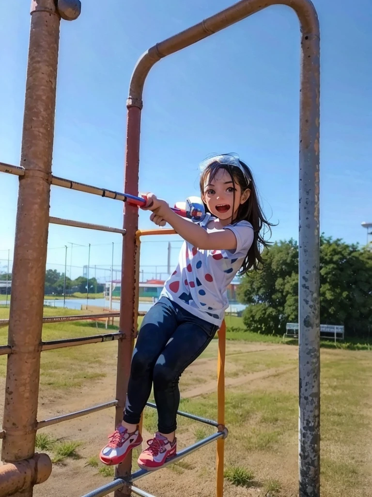 garota arafada em uma barra de metal em um parque, no parque, em um parque, divertindo-se, parque infantil, Foto realista, captured with sony a3 camera, no parque em um belo dia, com um parque nos fundos, Jogar, Parque em segundo plano, com um parque ao fundo, no Parque