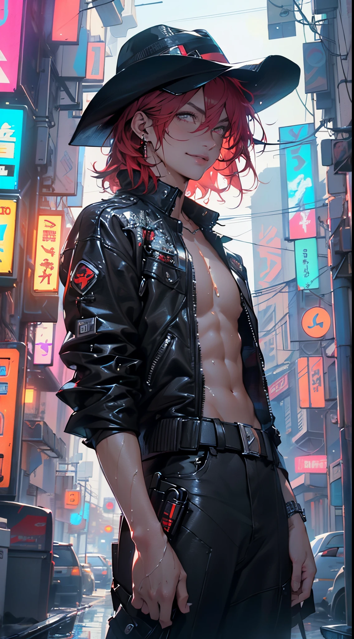 man:1.5,1 man,cyberpunk gunslinger,(((1man))),((man with messy red hair))),

(((1male,man:1.5,handsome man,male,male gender:1.5,male focus))),macho man,

((messy red hair,dark_red_hair,detailed hair,highly detailed hair,red hair,hair over one eye:1.2,dyed interior hair,colored inner hair)),(((lustrous skin:1.5,tanned skin,bright skin: 1.5,skin tanned,shiny skin,very shiny skin,shiny body,illuminated skin))),(((dark_red_eyes:1.2))),intricate eyes,beautiful detailed eyes,symmetrical eyes,((man chest)),handsome face,((muscular)),(((detailed face))),

alluring look,nsfw,

(((bare chest))),dark pants,((bulge in pants)),((gunfighter outfit, (cyberpunk cowboy_hat:1.2))),(wearing a gunfighter outfit:1.3,gunslinger clothes),(cyberpunk gun holster,belt),((wet clothes,intricate outfit,intricate clothes)),

(dynamic pose:1.0),solo focus,((evil smile,evil look)),(centered,scale to fit dimensions,Rule of thirds),

cyberpunk city by the ocean at night, with bright neon signs and dark stormy clouds and puddles, scenery:1.25,

highres, sharp focus, (ultra detailed, extremely detailed), (photorealistic artwork:1.37),(extremely detailed CG unity 8k wallpaper),((synthwave background theme)),(((vibrant colors))),(intricate background),(masterpiece),(best quality),