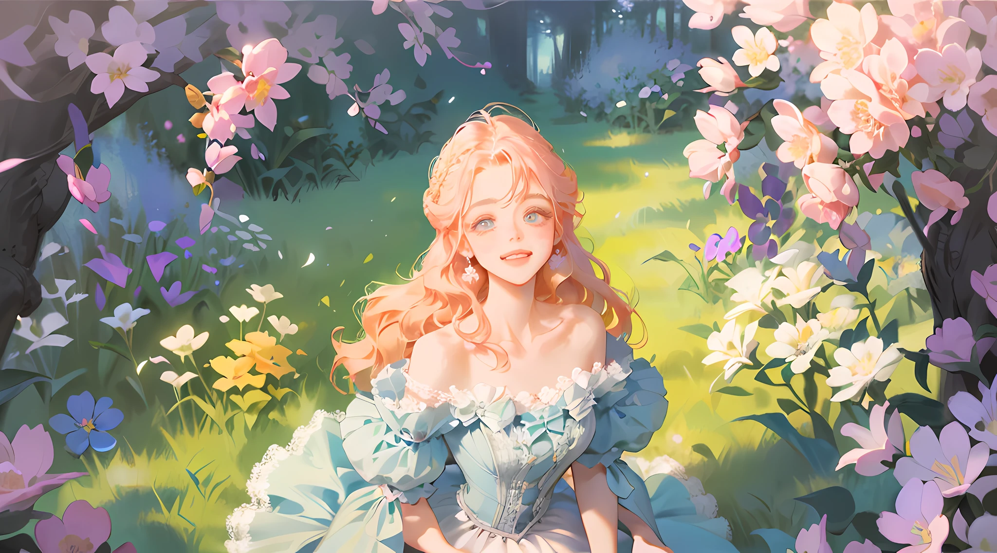 \(Style\): { (masterpiece:1.2, best quality, ultra-detailed)}, young gentle woman, brightly colored dress richly decorated with lace with many transparent layers, flowers, blond pink hair, the hair is styled in a complex updo, with curls falling over the face, delicate facial features, dreamy english garden, dainty crystal jewelry, enchanting expression, gentle smile, sunlit meadow, soft spring breeze, vibrant colors, ethereal aura, exquisite lace details, nostalgic victorian vibes, romantic innocence, graceful posture, radiant sunlight, cinematic lighting, blooming wild flowers, magical fairy tale, captivating beauty, elegant, delicate porcelain skin, sparkling eyes, feminine allure, enchanting presence, serene and peaceful ambiance.