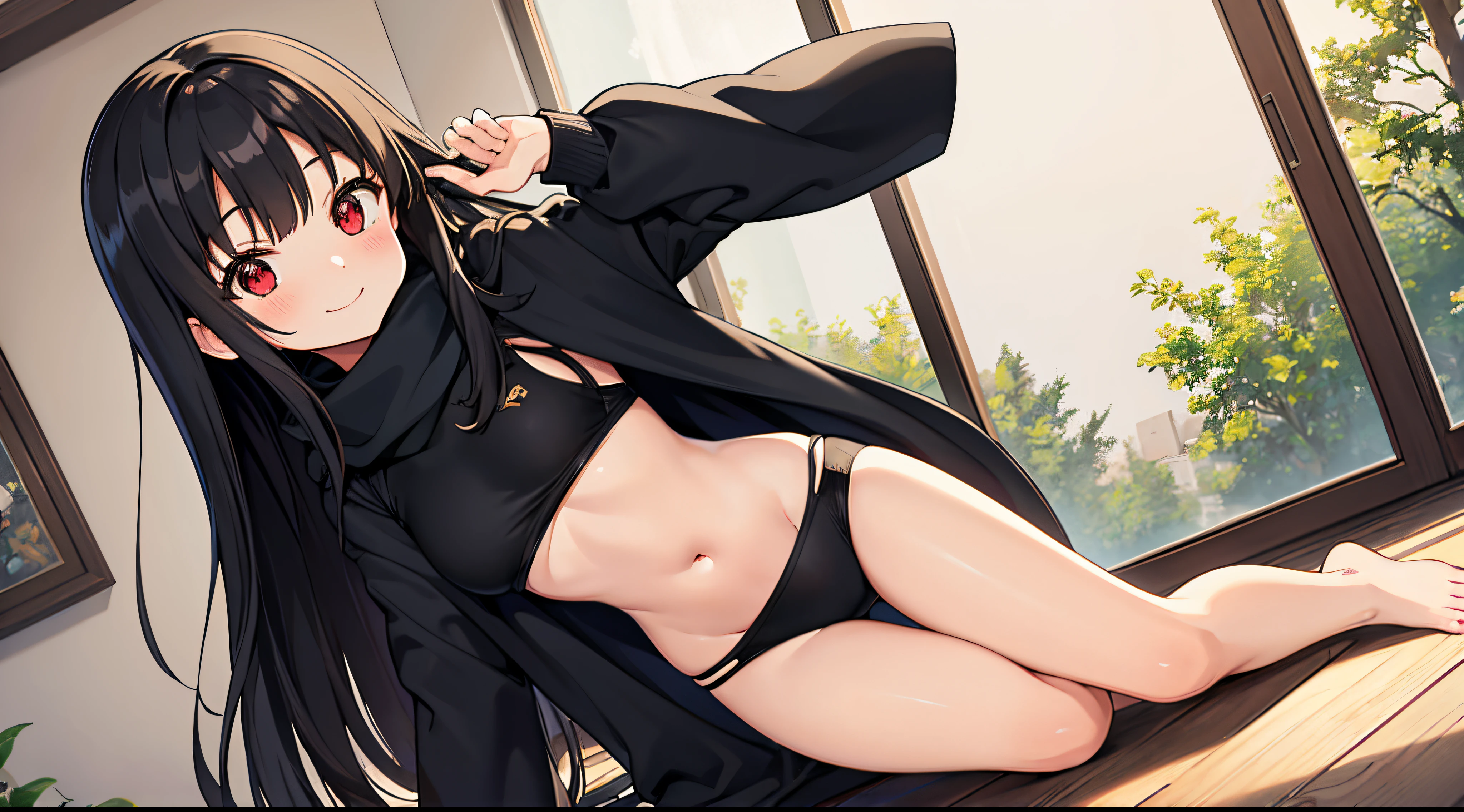 (masterpiece: 1.2), (high resolution), (best quality: 1.3), (ultra detailed: 1.2), (illustration: 1.2), (1 girl: 1.2), (solo: 1.2), cute, loli, large boobs , skin tight black crop top, long black hair, (long straight hair, scarf red), athletic physique, perfect hands, , no shoes, only one person in photo, young girl, age rfect finger,perfect hands, Highest Quality, Highest Resolution, perfect background, perfect perspective, sharp image, perfect details, perfect lighting, perfect shadows, Perfect lighting, Best background, Vannamelon, long black hair, red eyes, hair blush, full body, thong, behind view, blushing, bent over, indoors, thighs, SFW, standing,large chest,anime eyes , cropped hoodie underboob, wide hips,smile