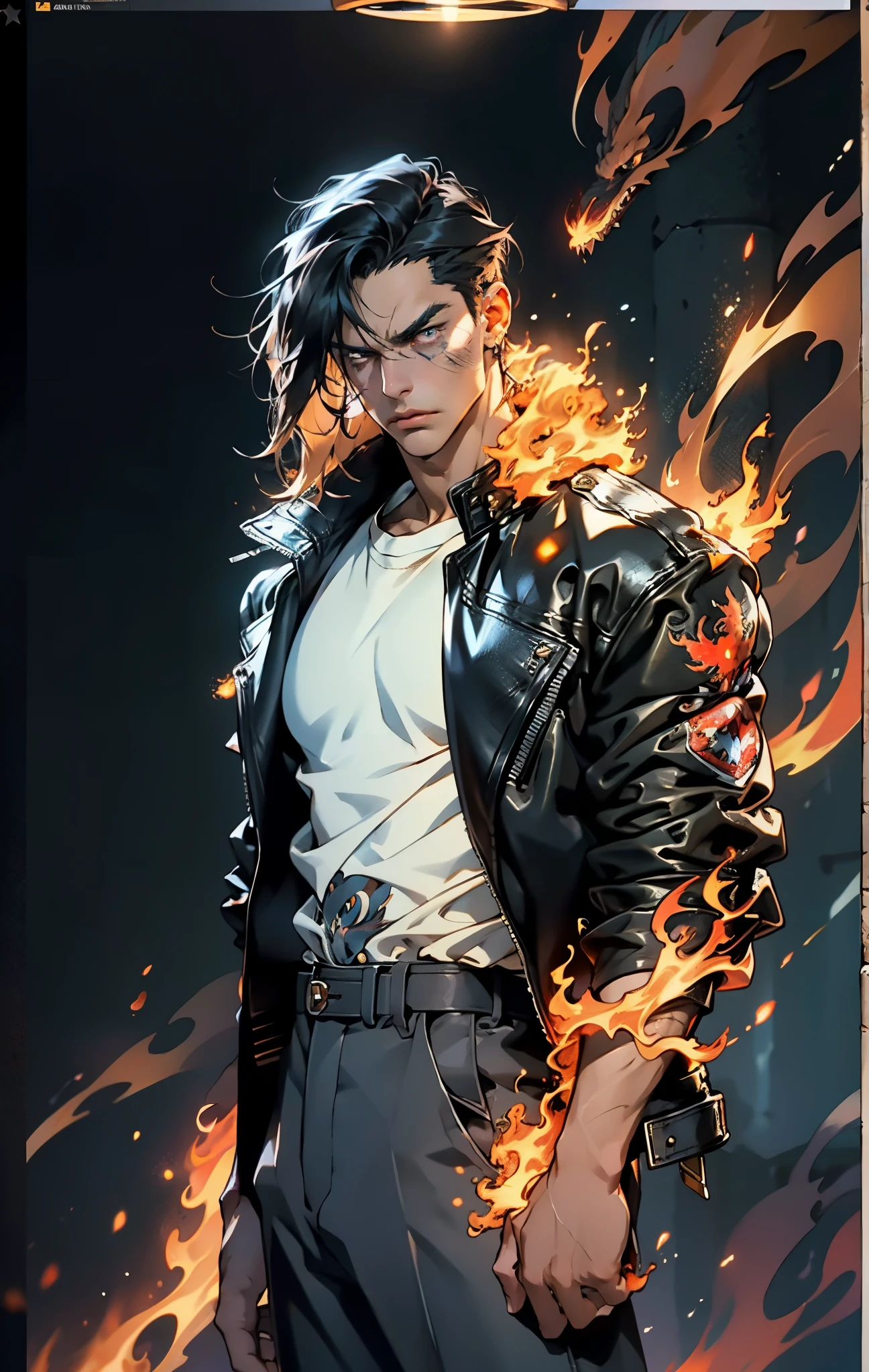 A young man, dark blue short hair, long bangs covering half of his face, sharp eyes, a long scar on his face, an expression of discontent, a fantasy-realistic style leather jacket over a dark undershirt, trousers that matching the outfit, black fire swirling around, the background depicts a menacing dragon formed by black flames, this character embodies a finely crafted fantasy-realistic in anime style, exquisite and mature manga art style, high definition, best quality, highres, ultra-detailed, ultra-fine painting, extremely delicate, professional, anatomically correct, symmetrical face, extremely detailed eyes and face, high quality eyes, creativity, RAW photo, UHD, 8k, Natural light, cinematic lighting, masterpiece-anatomy-perfect, masterpiece:1.5