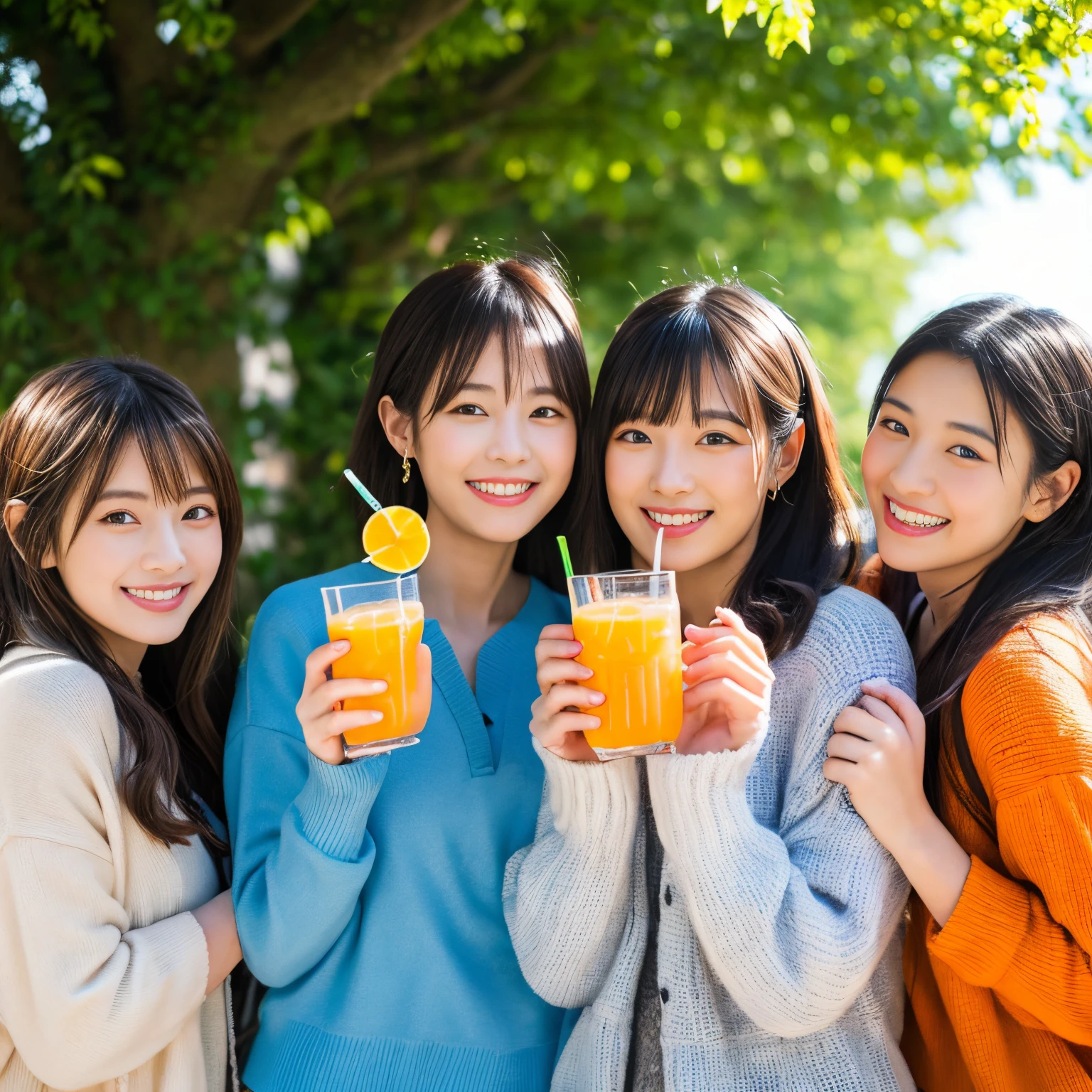 ((Best quality, masterpiece)), five lifelong friends,japanese idol,costume,((orange juice)), warmly embracing, smiling ear-to-ear, surrounded by lush greenery and a crisp blue sky, basking in the sunshine of a perfect day.