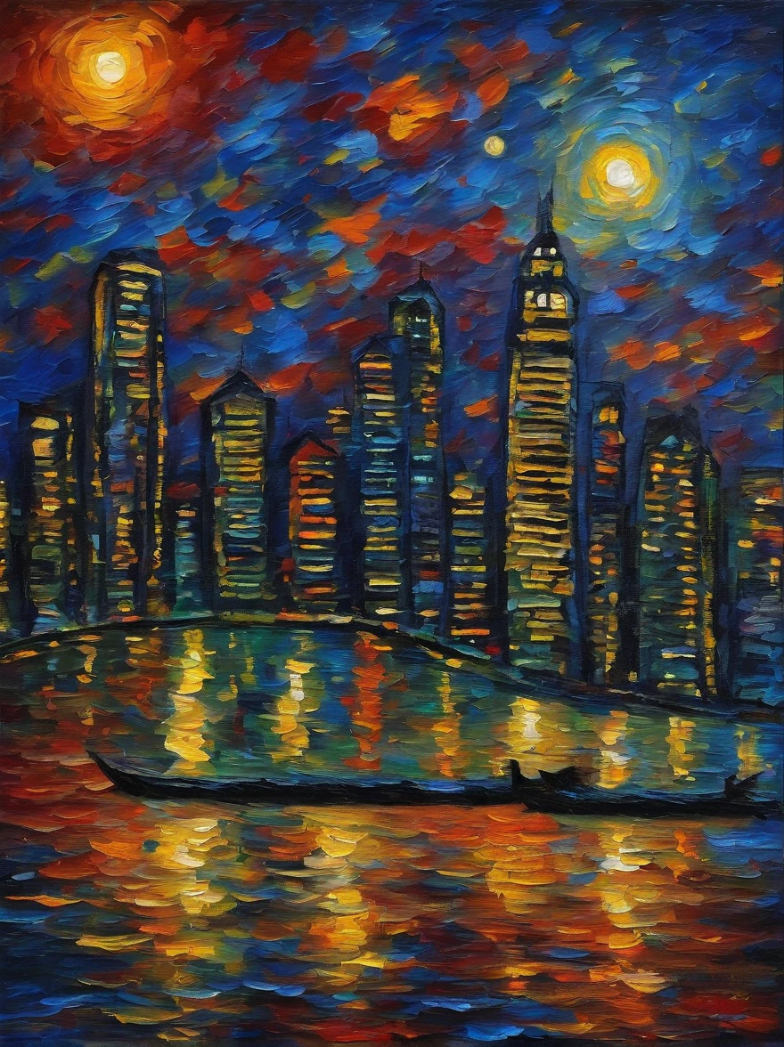 Van Gogh‘s painting style, Hong Kong Victoria Harbor night view, Star night, Color Field painting, Impressionism, chiaroscuro, vanishing point, wide shot, Ultra-Wide Angle, 8k, super detail, ccurate, best quality, masterpiece, best quality