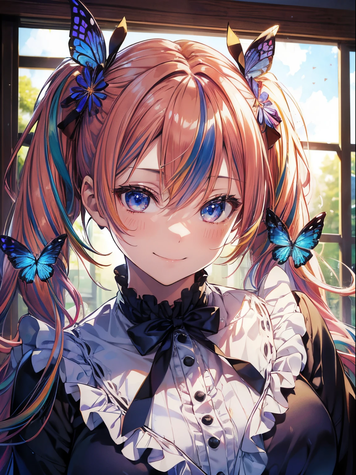 Have a cake、(masutepiece:1.3), (8K, Photorealistic, Raw photo, Best Quality: 1.4), Beautiful face, (Realistic face), Beautiful detailed eyes, (Realistic skin), Attractive, Intricate details,Golden ratio, 1 girl,Naughty smile, (rainbow hair:1.4),((Long twintails,Ribbon 1.4)),Blue butterfly apron(Blue Butterfly Hair Ornament 1.3)Dynamic Pose,Dynamic Angle,Intricate details, Hyper realistic、A smile、Smiling、Strong face、the morning sun、Luz Divina、Deities、Heaven、rainbows
