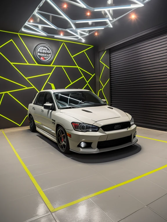 Lancer Evolution on the street with neon lights in the background, photographed with a Phase One with a 35mm lens, cyberpunk, hyper detailed, blurred light bloom, cinematic light, cyberpunk