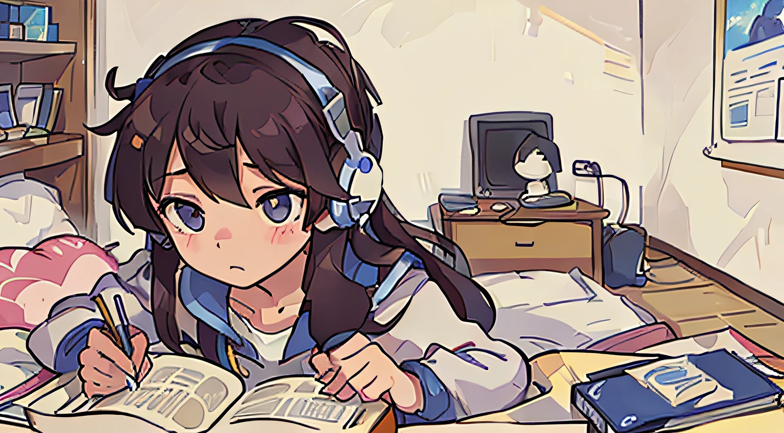 ((SFW)), ((1girl)), ((perfect cute face)), ((small nose)), ((aqua cute eyes)), ((pale skin)) (((very short dark brown hair))), (medium chest), (slim body), (medium sized thighs), (((oversized black hoodie))), (((blue short shorts))), (((fingerless gloves))), ((blue wireless headphones))

BREAK

((best quality)), ((8k)), (((8k wallpaper))), ((best background)), ((best anatomy)), ((best lighting)), ((best shading)), ((drawn by professional artist)), ((detailed eyes)), ((sparkling eyes)), ((detailed hair)), ((detailed body)), ((looking at laptop))

BREAK

((sleeping)), ((under blankets)), ((hugging plushie)), ((cute plushies)), ((fluffy blankets)), ((fluffy bedsheets)), ((plushies)), ((nighty calm environment)), ((best lighting from city)), ((purple, blue and pink warm cozy lightings)), ((cozy bed)), ((nighttime)), ((night sky)), ((beautiful night sky)), ((city lights))
