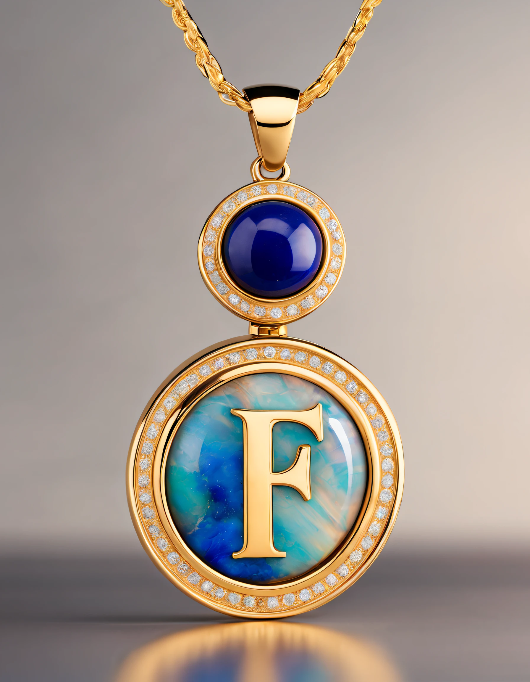 pendant design,Logo design，European and American minimalist style， (Letter F pendant design), （double opal：1.0）, Black gold border, lapis lazuli，turquesa，black shell，Van Cleef & Arpels & alpes ,cartier, 
Background with: The white,The content is very detailed, Best quality at best, tmasterpiece, A high resolution, hyper realisitc, 8K,gentlesoftlighting，