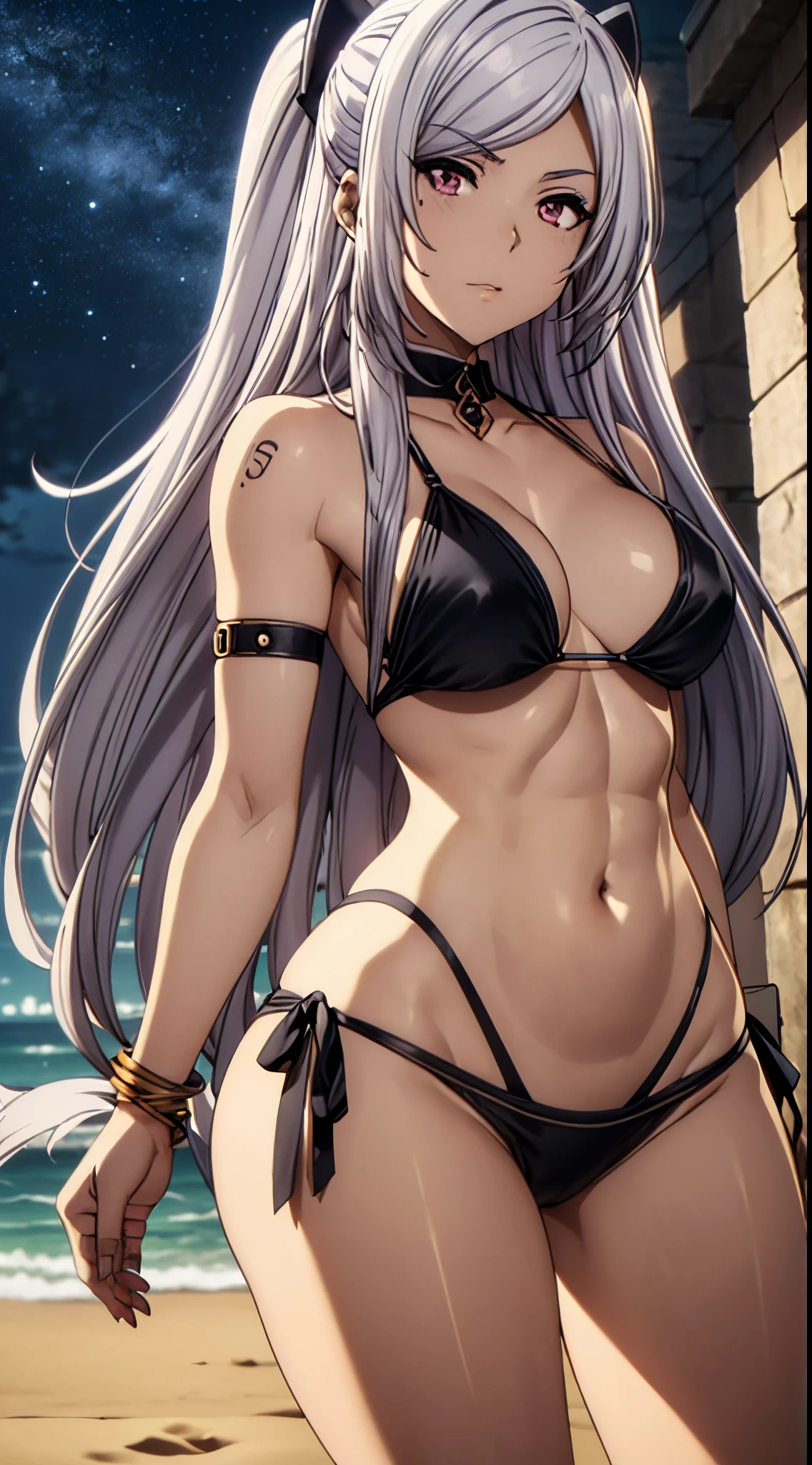 1 garota, (((Alexia Midgar))), Cabelos prateados, Olhos vermelhos, peitos grandes, anatomia perfeita, ((very short black bikini), usando fio dental, pernas musculosas, barriga musculosa, cintura fina, quadris Largo, (olhando para mim), on the beach at night with starry sky and full moon in the sky, foco nas pernas, barefoot, standing on her feet, (foto de corpo inteiro), eye reflection, olhos brilhantes, Emburrado, anime, estilo anime, ray tracing, Cinematic lighting, panorama, Sony FE, Hard disk, master part, ccurate, anatomicamente correto, Super Detalhe, alta qualidade, disco Rigido, Altas, 16k