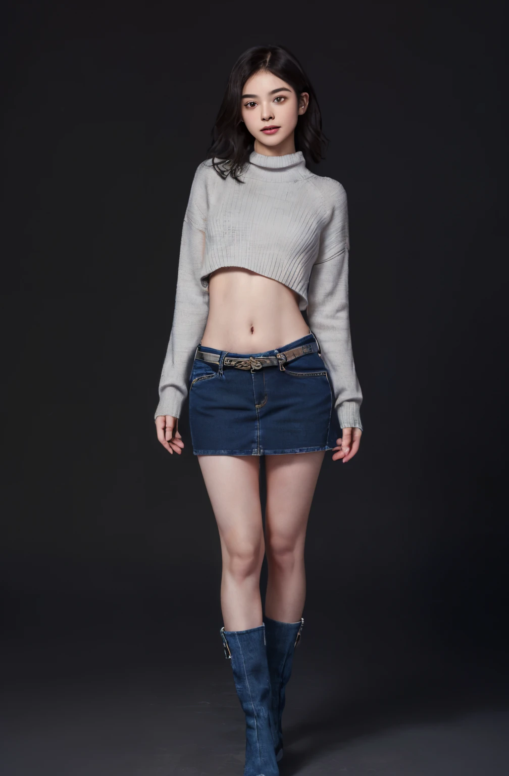 (masuter piece:1.3)、(8K、Photorealsitic、Raw photography、top-quality: 1.4)、(1girl in)、美丽的面容、(Lifelike face)、(A dark-haired、long)、
Beautiful hairstyle、realisticeyes、Beautiful details、(real looking skin)、Beautiful skins、absurderes、enticing、超A high resolution、A hyper-realistic、high-detail、the golden ratio、
((wide open abdomen))、((open abdomen))、((wide open navel))、((open navel))、((Mid-Riff Sweater))、((Ultra-low rise、Denim Mini Skirt))、
((Navel Ejection))、((small hips))、((Full body depiction))、((small hip))、(long boots)、((Ultra-low rise))、((Denim Mini Skirt))、((is standing))、((wide open abdomen))、((open abdomen))、((wide open navel))、((open navel))、((Mid-Riff Sweater))、((Ultra-low rise、Denim Mini Skirt))、
((Navel Ejection))、((small hips))、((Full body depiction))、((small hip))、(long boots)、((Ultra-low rise))、((Denim Mini Skirt))、((is standing))、