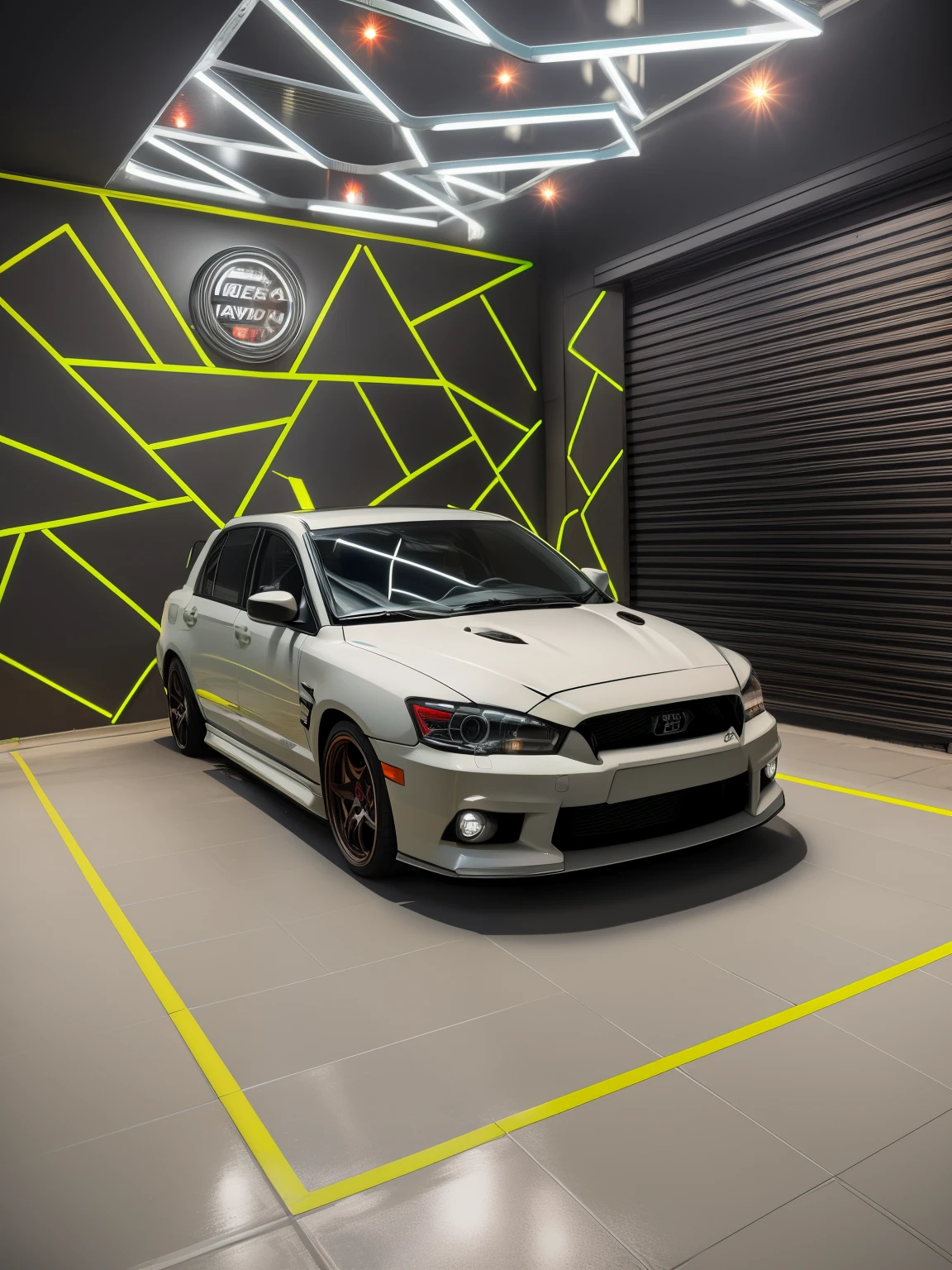 Lancer Evolution on the street with neon lights in the background, photographed with a Phase One with a 35mm lens, cyberpunk, hyper detailed, blurred light bloom, cinematic light, cyberpunk