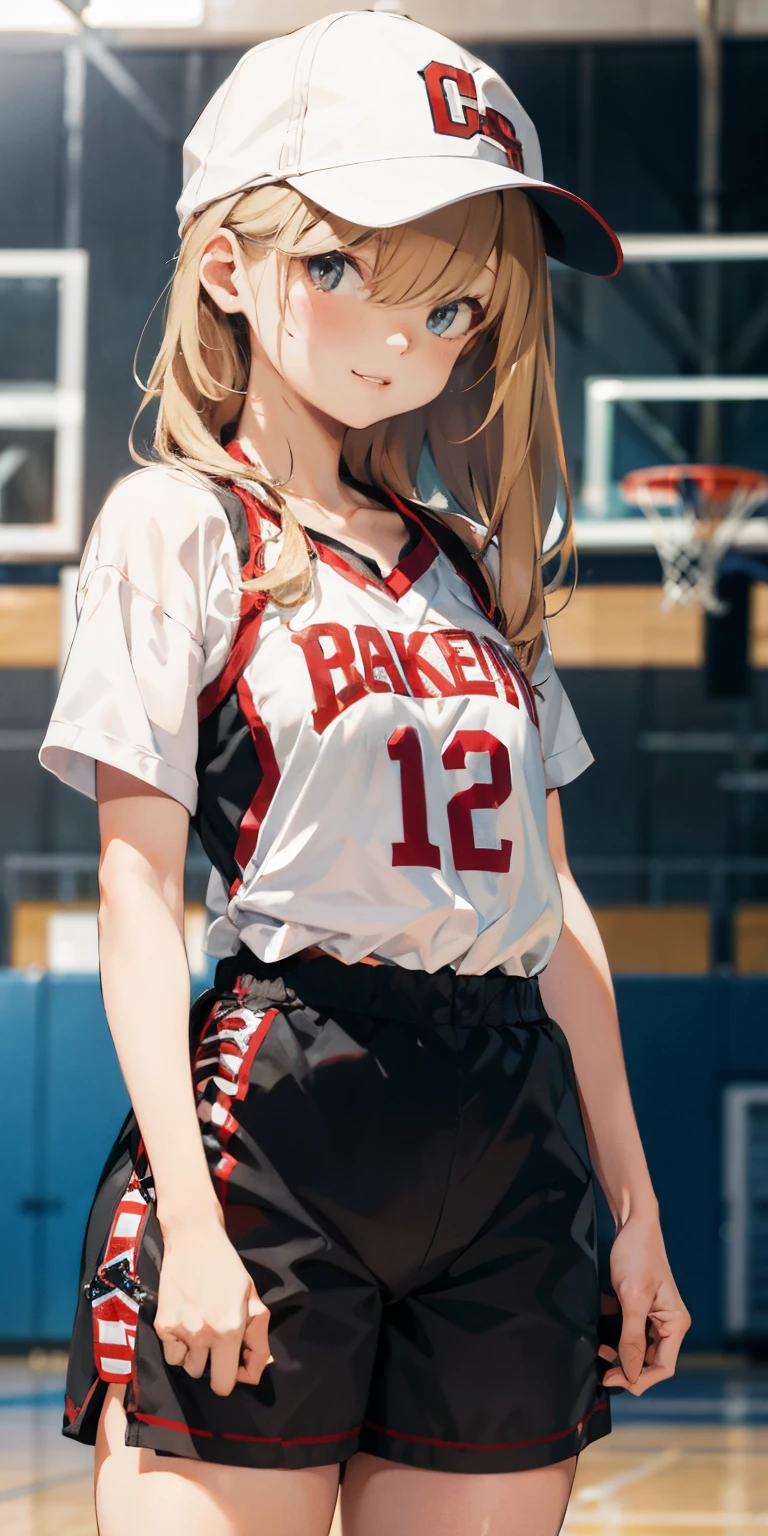 Random basketball player white skin girl, cool shooting on hoop shot, happy, cute shy girl, blond long hair, sexy, slim, poser, tomboy, cool basketball court background, black binnie , cap