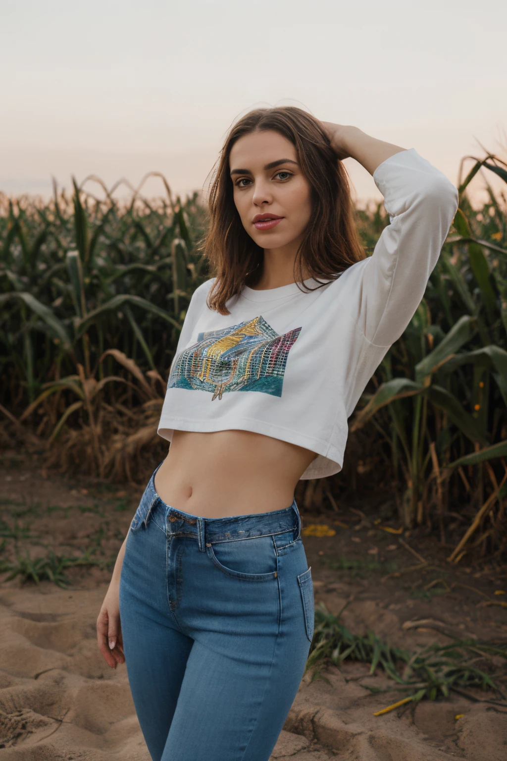 A stunning intricate full color portrait of a woman,wearing ((low rise)) jeans and plaid t-shirt, having fun, epic character composition ,sharp focus, natural lighting, subsurface scattering, f2, 35mm, film grain, corn field in background, wide mouth and full lips, large eyebrows, angular jaw, boots over pants, dark brown hair, pierced navel