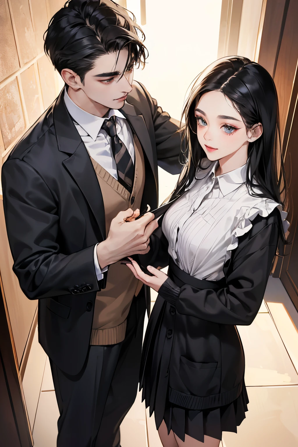 (masutepiece, Digital Art, Digital Illustration, 4K, 8K, Ultra-detailed, beautiful image, Sharp Image, Photorealistic, Raw photo, Perfect face, Perfect lines, Perfect eyes, Soft lighting) 1 woman, (Long Black Hair,straight haired,Bullish gaze,Beautie,Solid makeup,femele,small tits:1.3),Two handsome men in suits, (ember,Men in suits,well-muscled,Firm shoulder width,Adult male,Boyish hairstyle,English gentlemanly style,Man in his 30s with a cool expression,28-year-old man with bright smile:1.2),Bakery、breads、Eat-in、A lot of bread is lined up、a sailor suit、Knee-length pleated skirt、baggy cardigan、kiss、a couple、couple kissing、Romance、ssex、have sex、