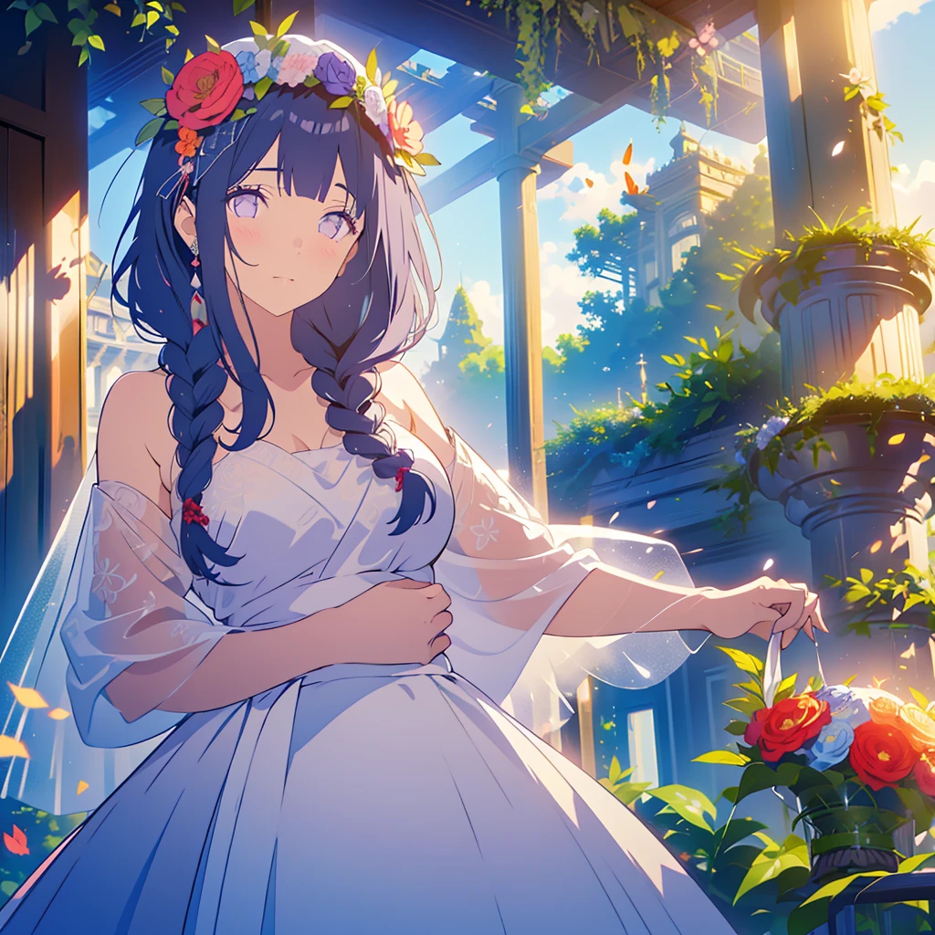 TMND-Mix_II, bride, flower veil, textured veil, dreamy, long hair, dark blue hair, purple eyes, half braid hair, detailed wedding dress, detailed scenery, flowers and tress, wind, butterflies🦋, happy atmosphere, from afar