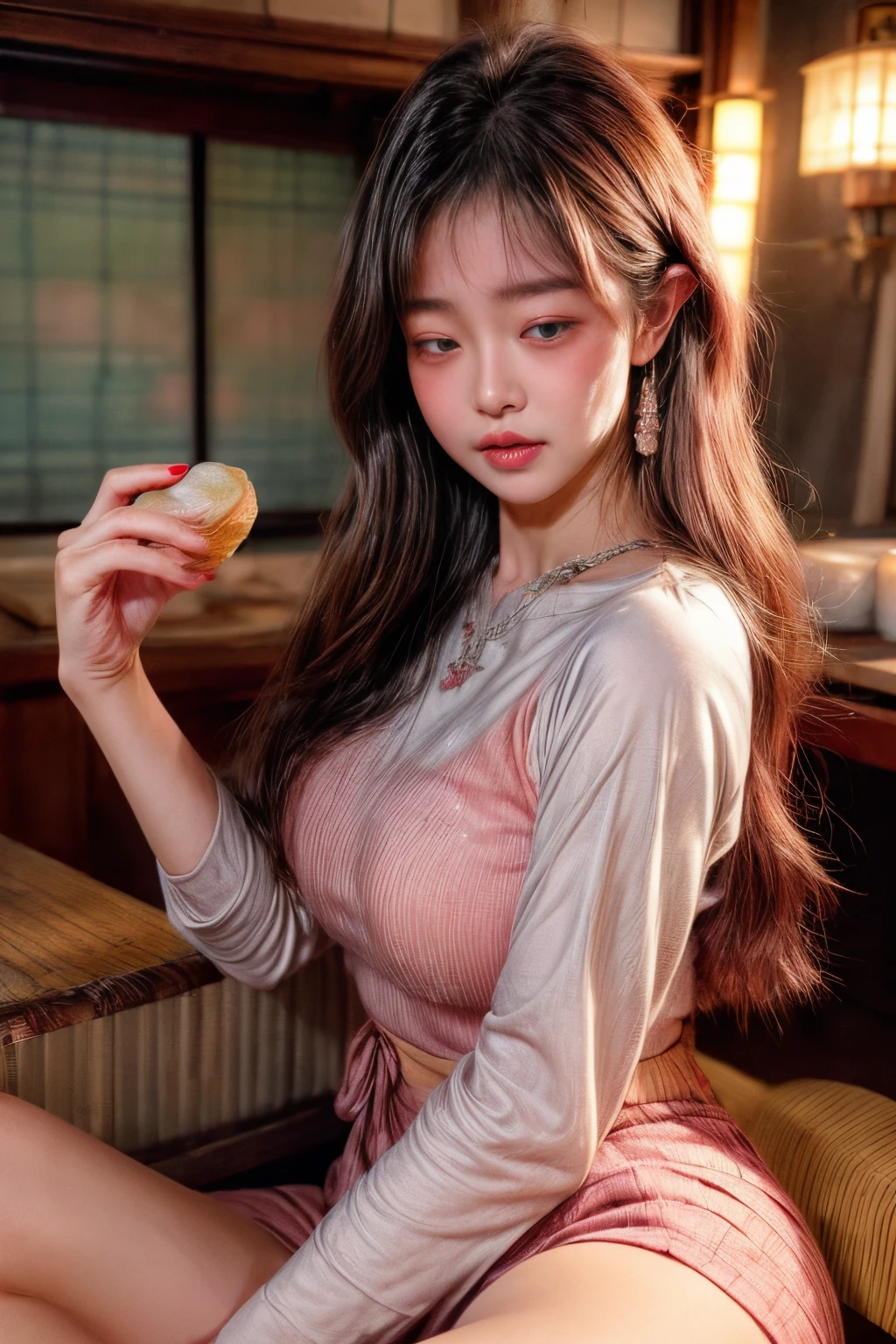 masterpiece、8K、32K、top-quality、(A detailed eye)、(A cute Japanese woman、bangss)、23years old、1 girl in、elegent、(Detailed background depiction、portlate:1.2)、(blushed face、Sleepy、ssmile:1.5)、Be undress、(Izakaya:1.3)、sit a chair、(food and alcohol on the table:1.4)、cowboy shot、(blushed face:1.5)、thighs thighs thighs thighs