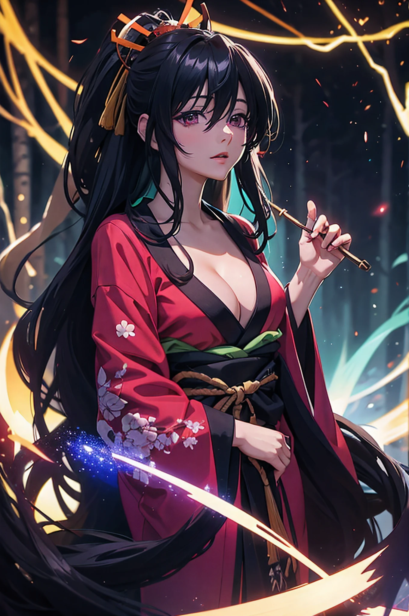 Akeno , long hair , in night forest, and dark , wearing kimono , glowing background