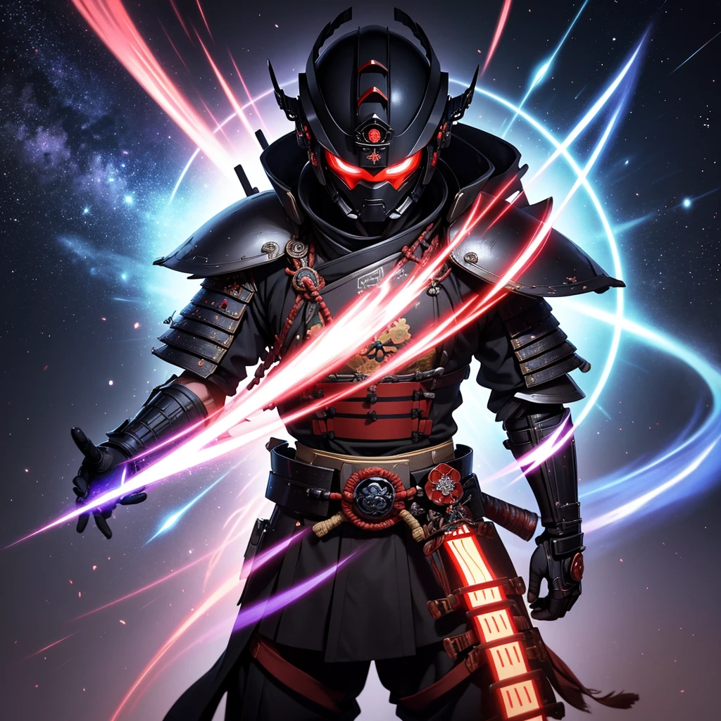 Design an anime male character gazing directly at the camera, blending elements of a samurai ronin with a galactic aesthetic. Feature attire that fuses traditional samurai influences with futuristic touches, such as a unique space armor. Incorporate distinctive details, like a samurai-inspired helmet with a futuristic design. Experiment with colors that evoke the vastness of space, integrating stellar elements into the attire. Ensure to capture the duality between samurai tradition and modern space in this visually unique character.