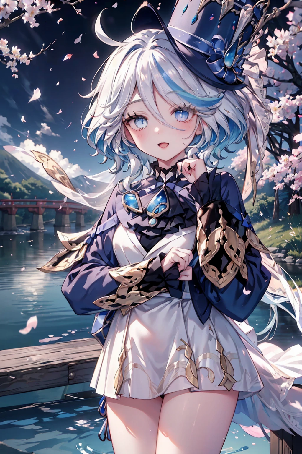 masterpiece, best quality, ultra-detailed, glistening shiny, glowing light, ray tracing, HDR, deph of field, (perfect face, detailed face, detailed eyes,perfect hands),8k,HD,ultra realistic face,ray tracing,perfect lighting,((wearing white wedding dress)),best quality, ultra-detailed, shiny eyes, (looking at viewer,open mouth smile:1.1), ((1girl)), thighs,pov, furina,long hair,hair over one eye,((gradient hair)),multicolored eyes, gradient eyes, (glowing eyes:1.5), mascara, (fashion make up), parted lips,blush,hat flower, ((middle of japanese countryside,japanese bridge,over the bridge,river,cherry trees,cherry petals,dark blue sky,Koi on river)),(complex background, many elements in the background:1.2),((super detailed background)), mistress poses, ((8k wallpaper)),