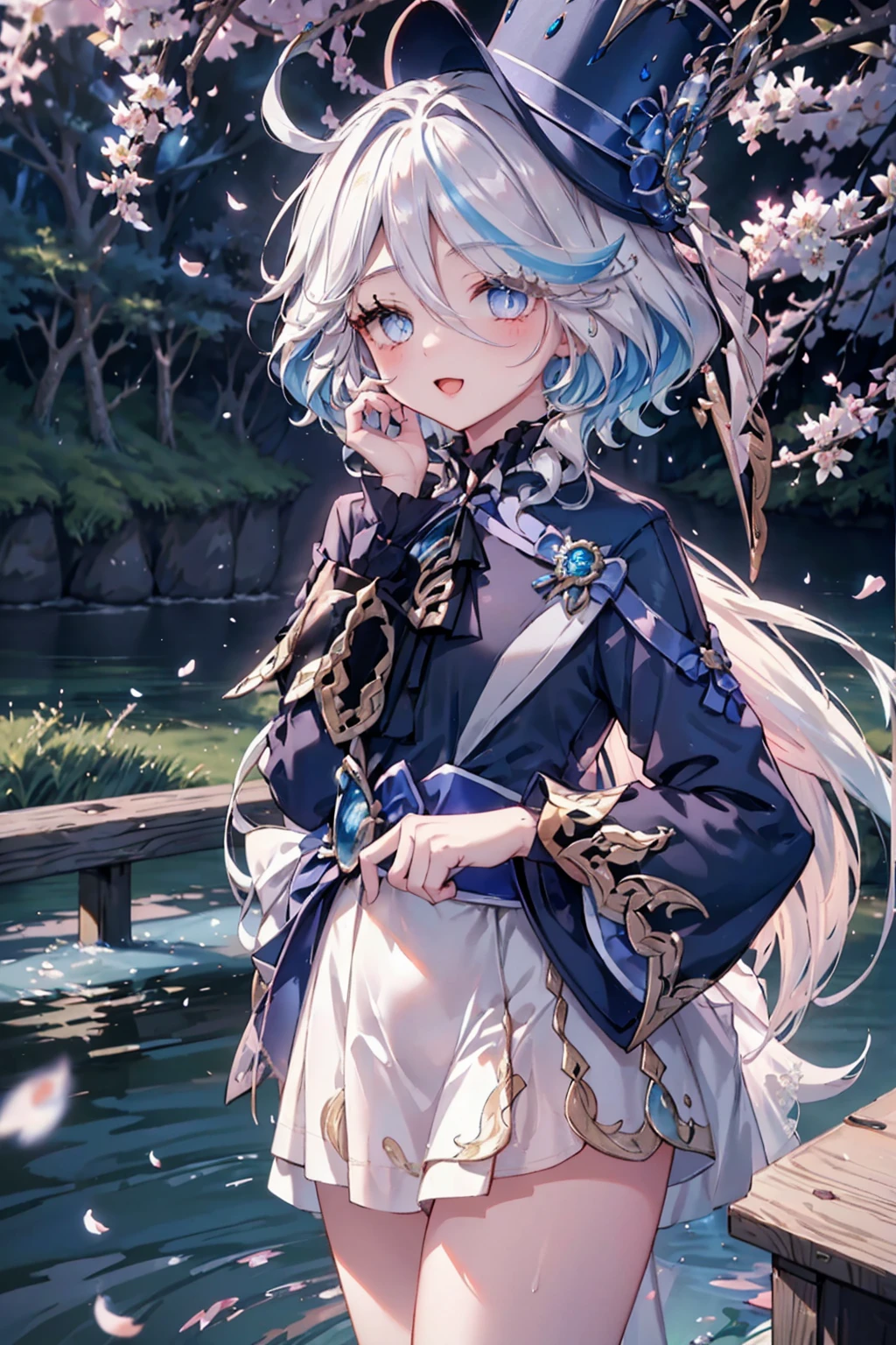 masterpiece, best quality, ultra-detailed, glistening shiny, glowing light, ray tracing, HDR, deph of field, (perfect face, detailed face, detailed eyes,perfect hands),8k,HD,ultra realistic face,ray tracing,perfect lighting,((wearing white wedding dress)),best quality, ultra-detailed, shiny eyes, (looking at viewer,open mouth smile:1.1), ((1girl)), thighs,pov, furina,long hair,hair over one eye,((gradient hair)),multicolored eyes, gradient eyes, (glowing eyes:1.5), mascara, (fashion make up), parted lips,blush,hat flower, ((middle of japanese countryside,japanese bridge,over the bridge,river,cherry trees,cherry petals,dark blue sky,Koi on river)),(complex background, many elements in the background:1.2),((super detailed background)), mistress poses, ((8k wallpaper)),