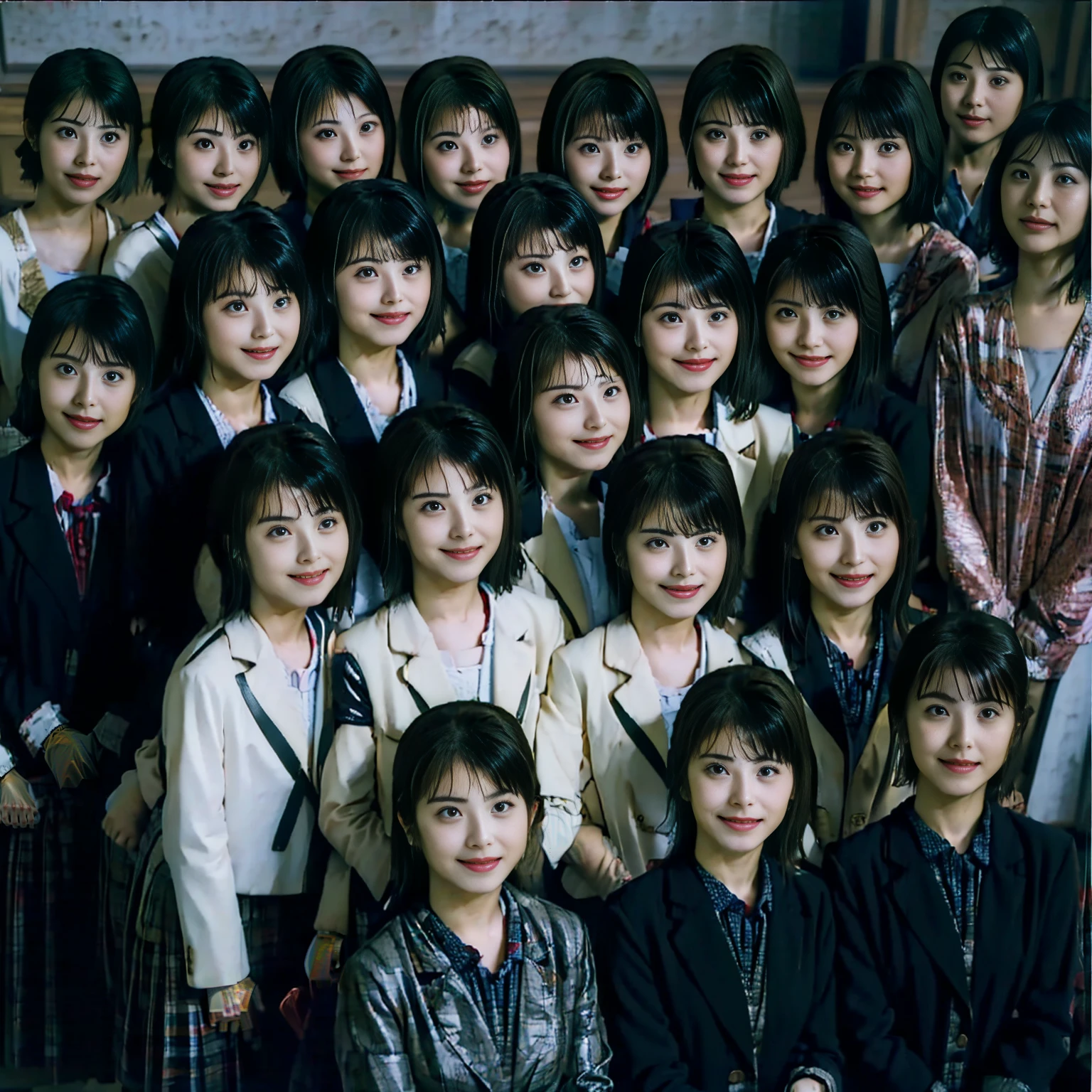 a picture、(((multiple girls))),((((6+girls)))),((((100girls)))),(((1000girls)))、((((100 Girls))))、(((crowd shot))),Women only、The same face、School Uniform、、Long black hair、100 cute girls、ssmile、Selfie stick、‎Classroom、Raw photo、(((Large group)))、a junior high  student