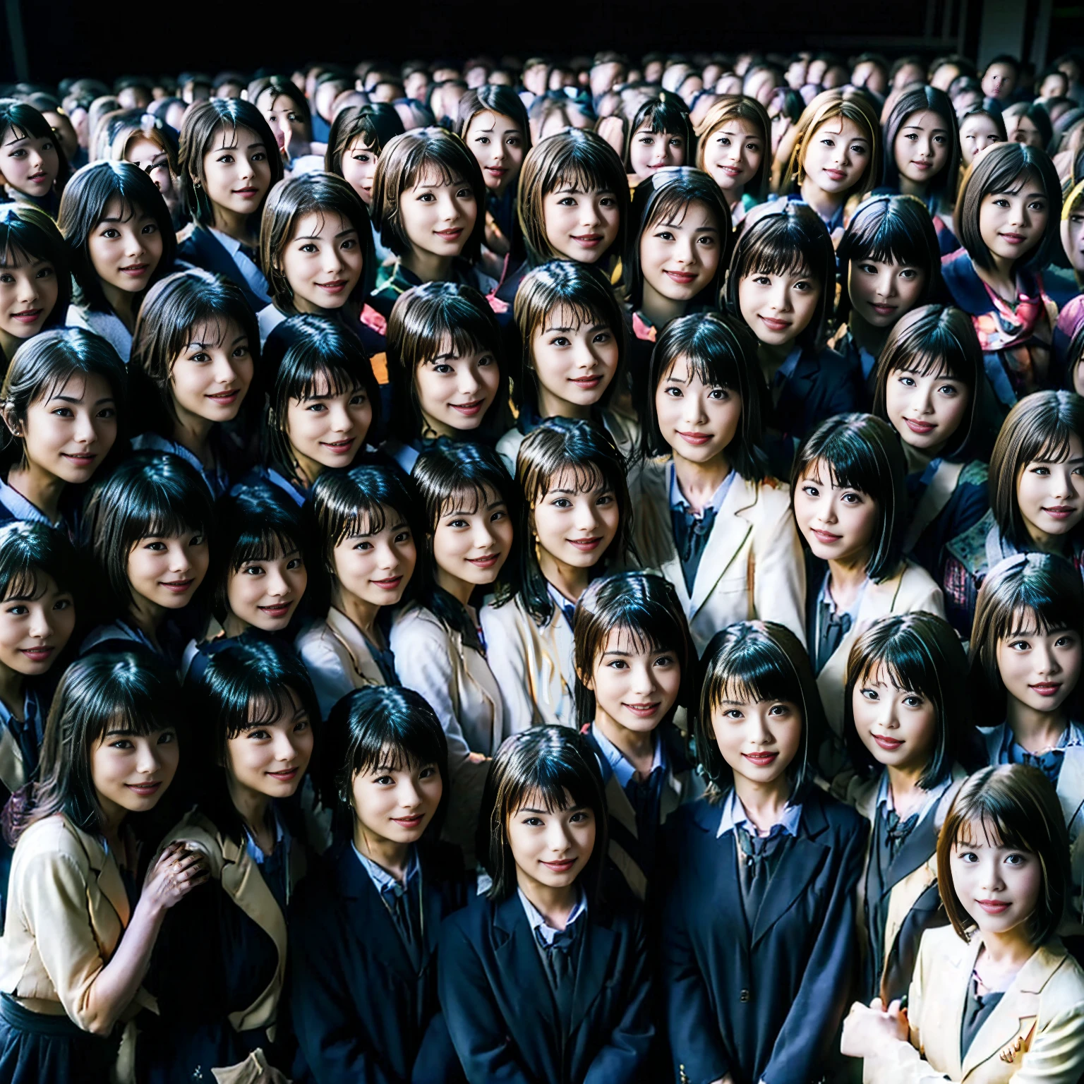 a picture、(((multiple girls))),((((6+girls)))),((((100girls)))),(((1000girls)))、((((100 Girls))))、(((crowd shot))),Women only、The same face、School Uniform、************、Long black hair、100 cute girls、ssmile、Selfie stick、‎Classroom、Raw photo、(((Large group)))、a junior high school student