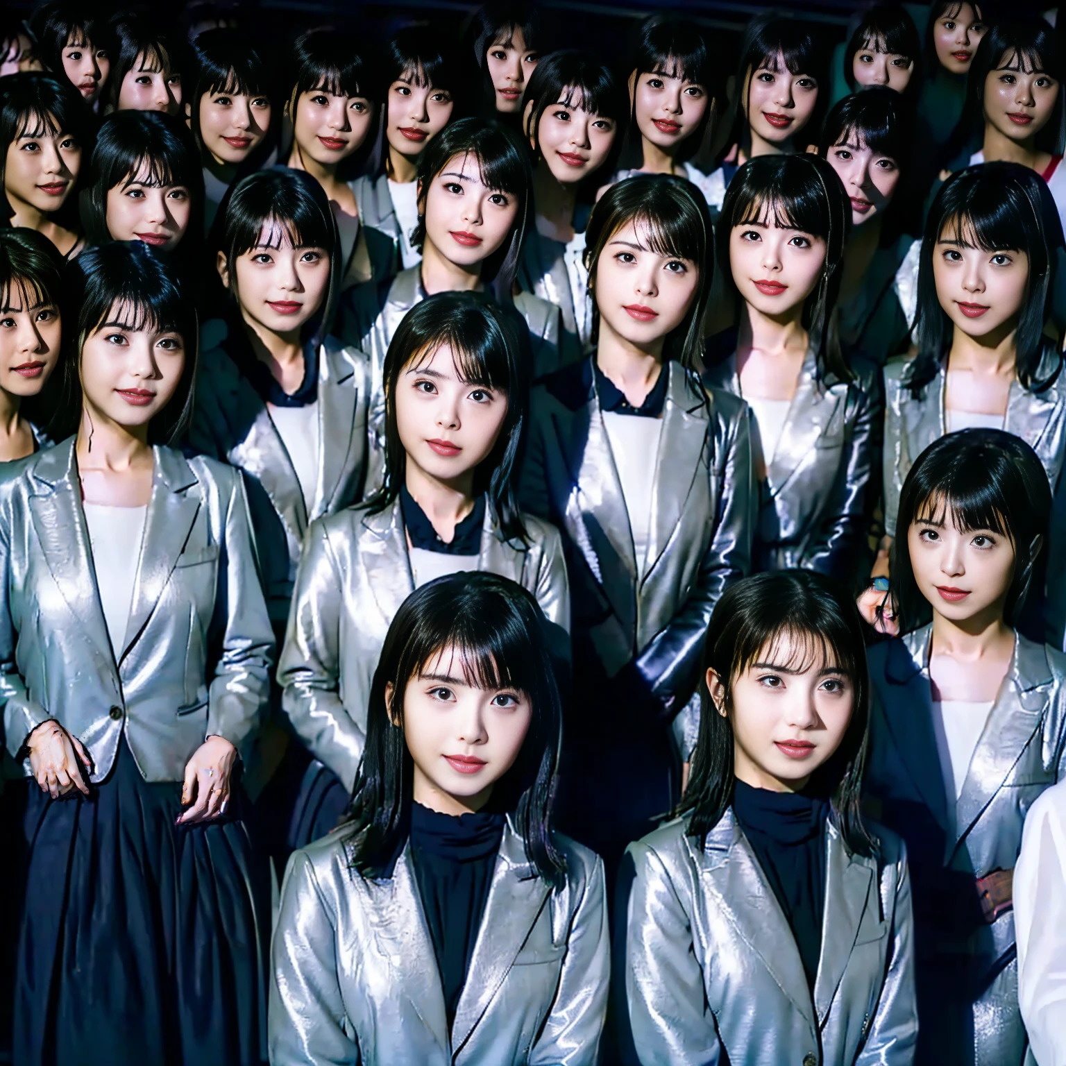a picture、(((multiple girls))),((((6+girls)))),((((100girls)))),(((1000girls)))、((((100 Girls))))、(((crowd shot))),Women only、The same face、School Uniform、12 years old、Long black hair、100 cute girls、ssmile、Selfie stick、Classroom、Raw photo、(((Large group)))、a junior high school student