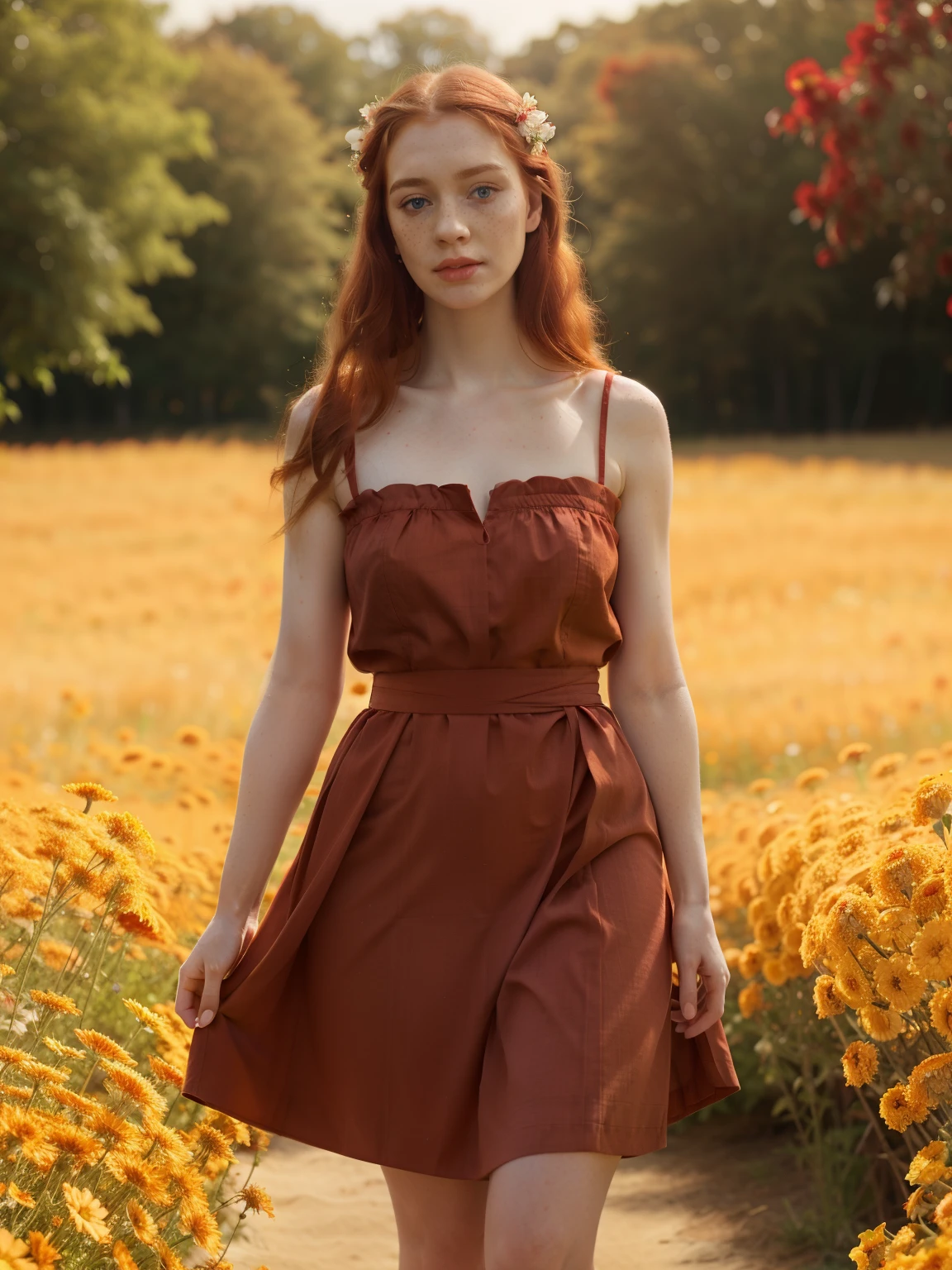 woman wearing a red cotton dress, flowing fabric, sash around waist, waist cinched tight, full length dress, pale skin, freckles, ginger, standing in flowers, 4k, 8k, masterpiece, extremely detailed face and eyes, natural skin, extremely detailed skin, pouty small lips, soft facial features, very pale skin