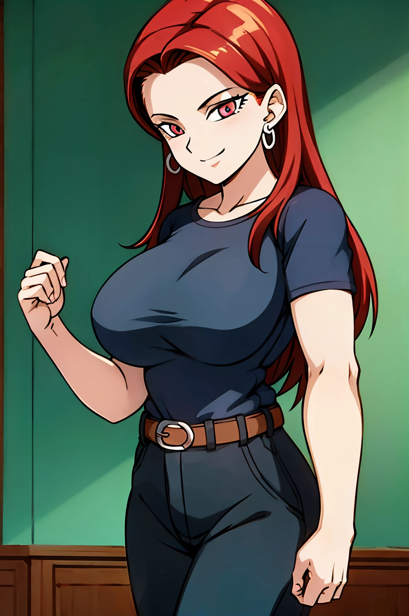 1girl, solo, breasts, smile, long_hair, red_eyes, red_hair, shirt, short_sleeves, jewelry, large_breasts, earrings, belt, pants, looking_at_viewer, (Flawless_detail)