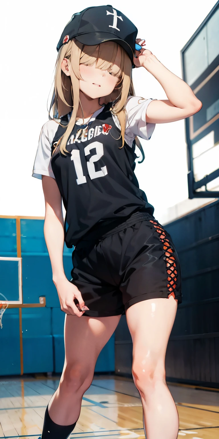 Random basketball player white skin girl, cool shooting on hoop shot, happy, cute shy girl, blond long hair, sexy, slim, poser, tomboy, cool basketball court background, black binnie , cap