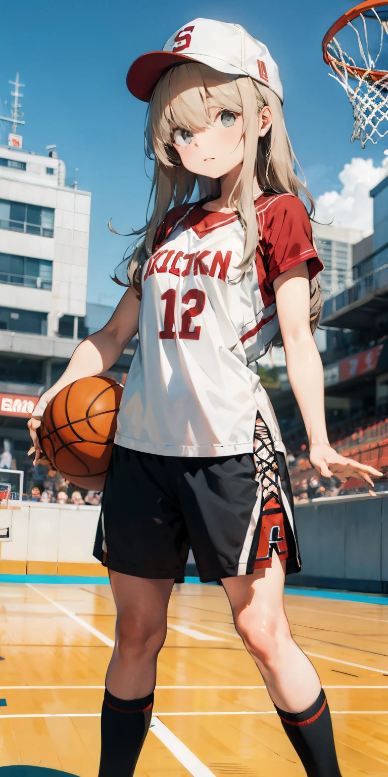 Random basketball player white skin girl, cool shooting on hoop shot, happy, cute shy girl, blond long hair, sexy, slim, poser, tomboy, cool basketball court background, black binnie , cap