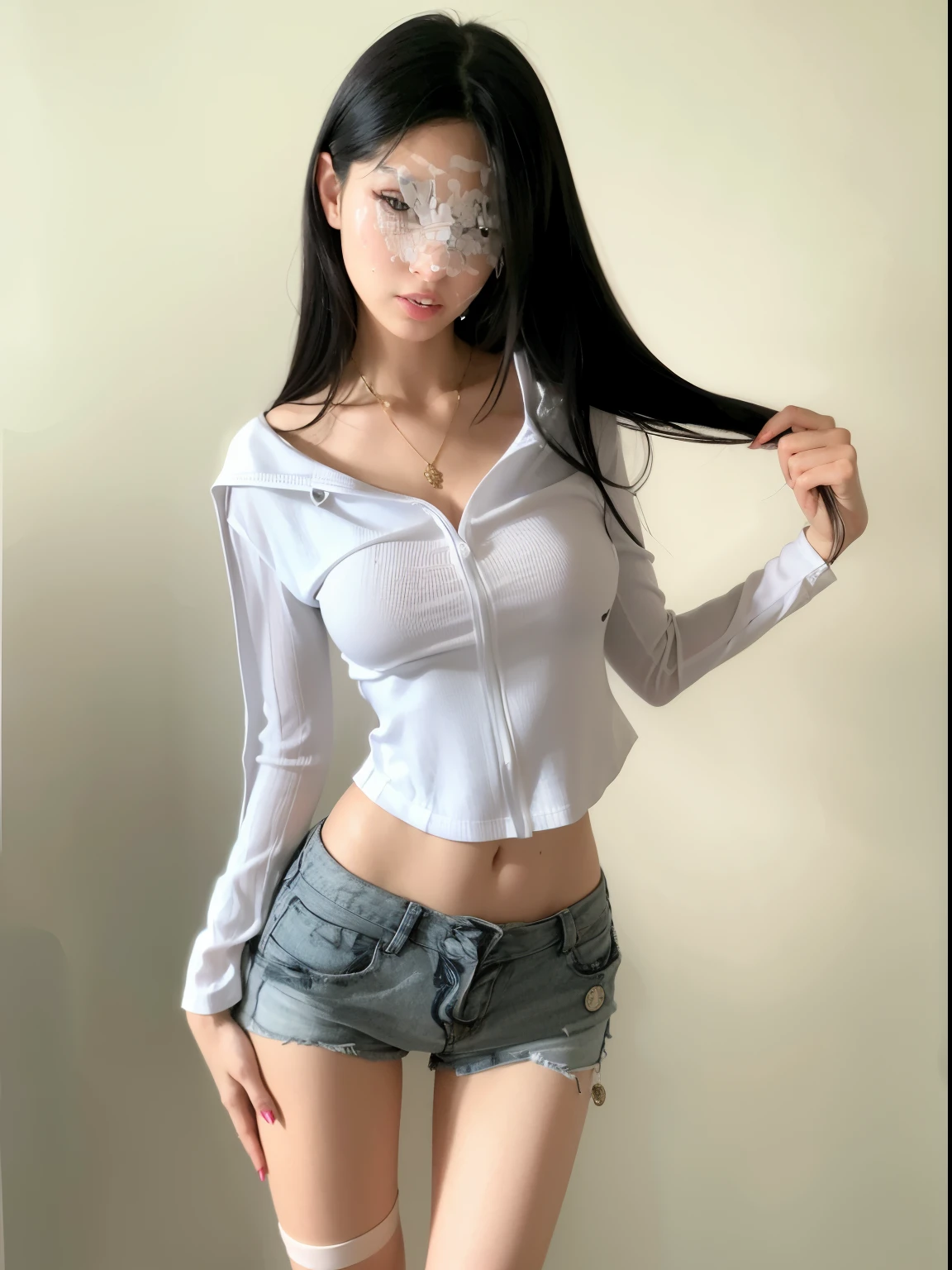 Arafad woman,Long black hair,white shirt, photo of slim girl, 2 4 old female model, photo of slim girl model, Sleek white skintight suit, 1 8 yes, lounge suit, in blouse wearing, half body crop, CasualClothing, Cardigan, very hot and sexy, Hot and petite