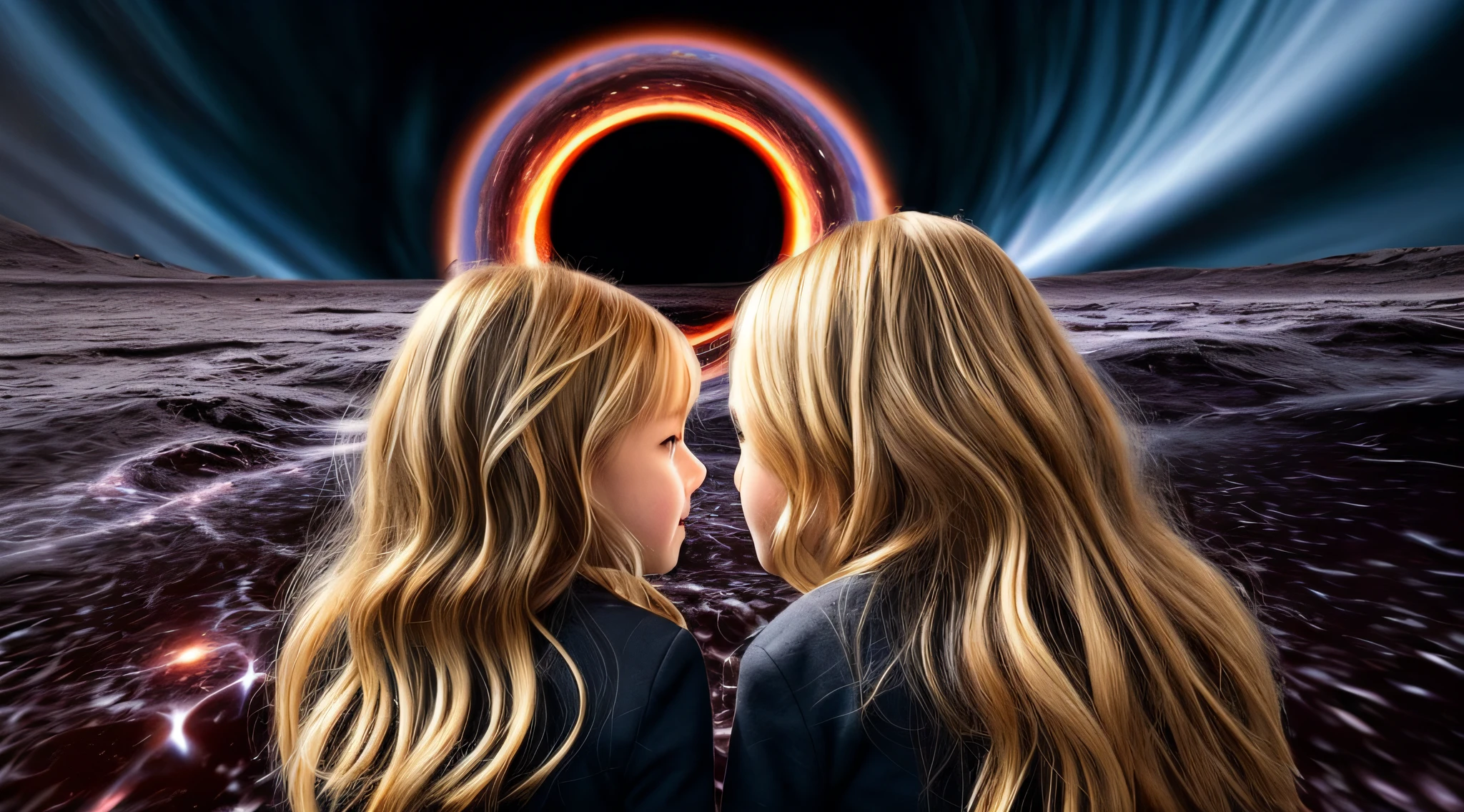 BLACK HOLE, there are two CHILDREN girls BLONDE HAIR in front