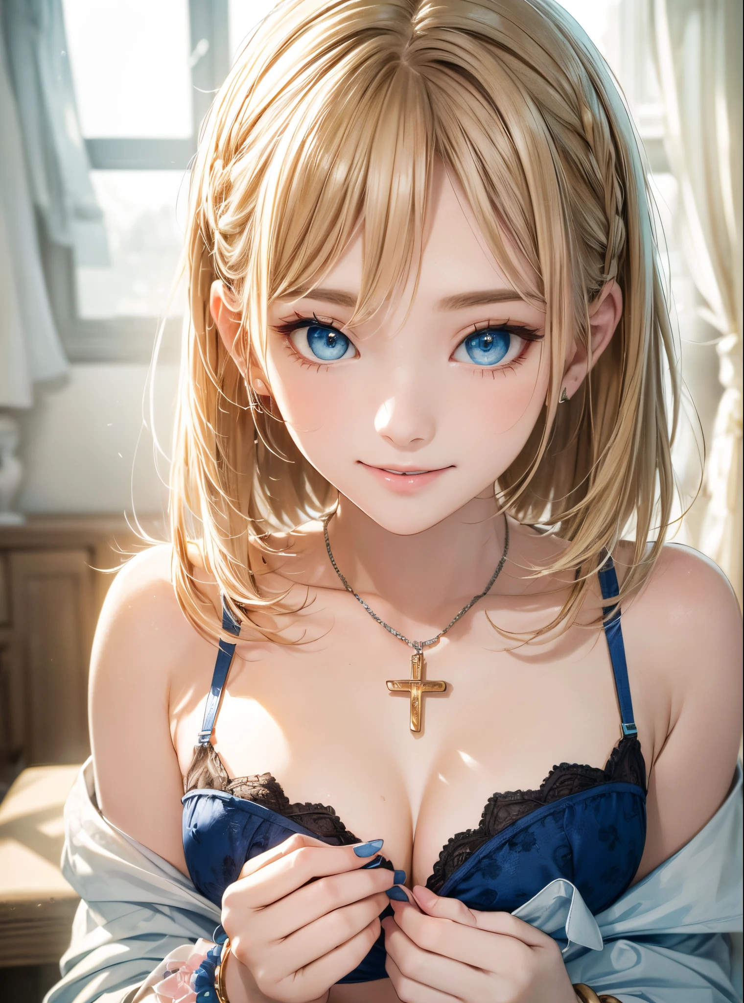 (photorealistic:1.4), (masterpiece, sidelighting, finely detailed beautiful eyes: 1.2), masterpiece*portrait, realistic, 3d face, glowing eyes, shiny hair, lustrous skin, solo, embarassed, (midriff), black underwear, blonde hair,nude