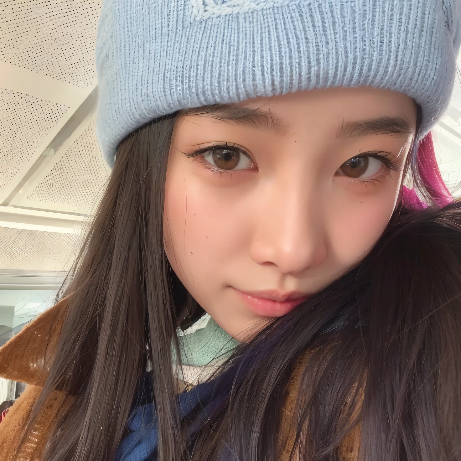 cropped woman with long hair wearing blue hat and scarf, gemma chen, Jinyoung Canela, dilraba dilmurat, Wenfei Ye, Chiho, Jaeyeon Nam, Lulu Chen, Xintong Chen, com bonito - fino - rosto, Sha Xi, fofo, Ulzzang, louise zhang, Kimi Takemura, Qifeng Lin