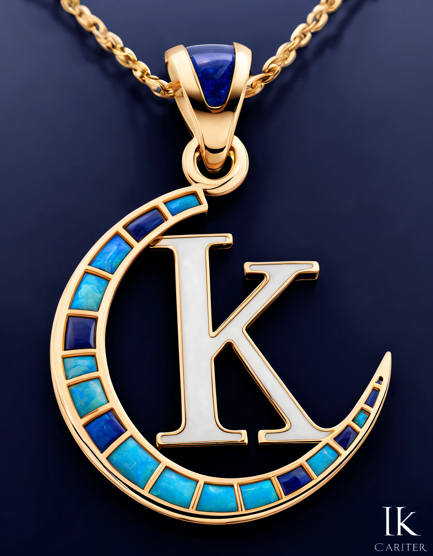 pendant design,Logo design,European and American minimalist style, (Letter K pendant design), (double opal:1.0), Black gold border, lapis lazuli,turquesa,black shell,Van Cleef & Arpels & alpes & alps ,cartier, Background with: The white,The content is very detailed, Best quality, tmasterpiece, A high resolution, hyper realisitc, 8K,gentlesoftlighting,