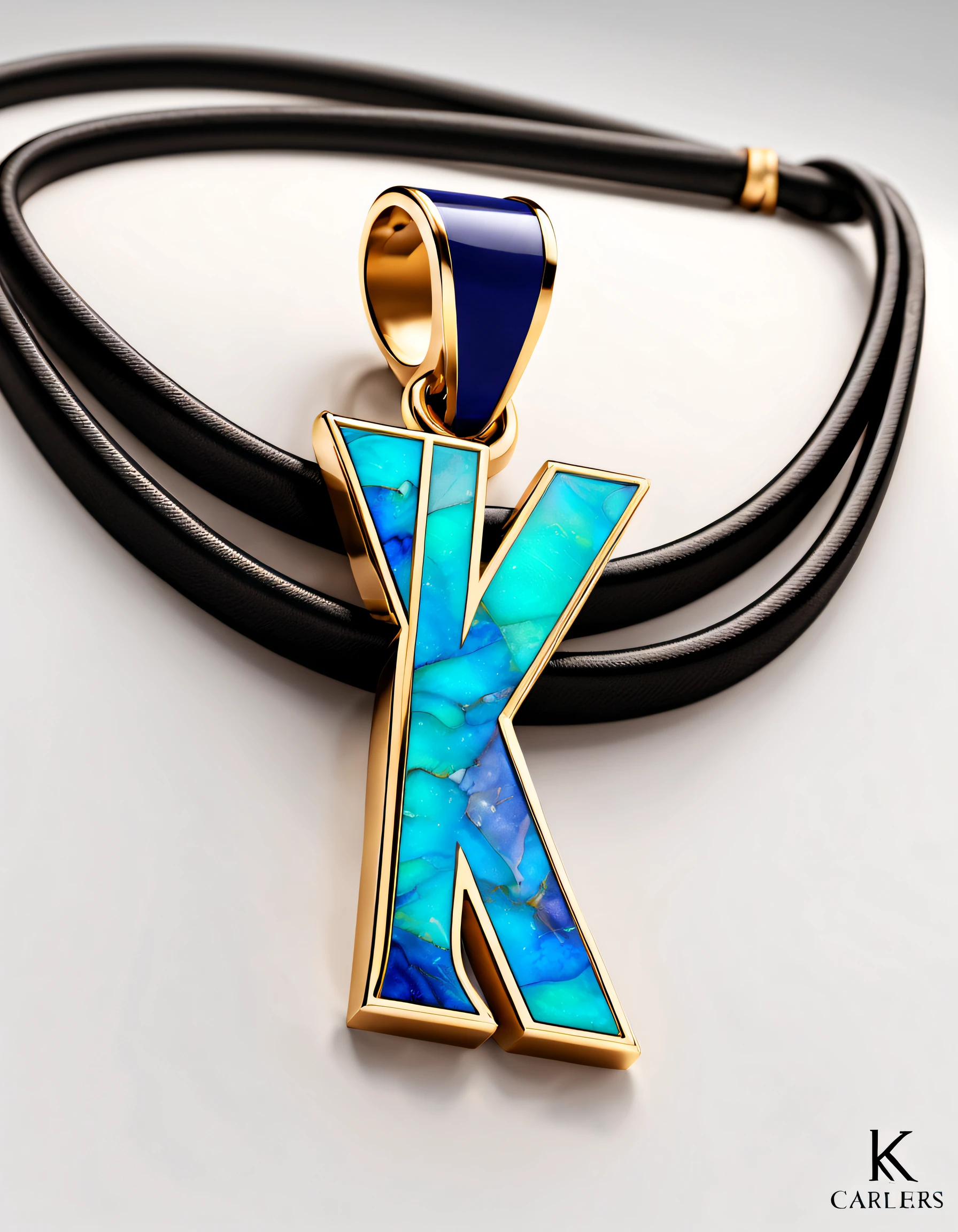 pendant design,Logo design，European and American minimalist style， (Letter K pendant design), （double opal：1.0）, Black gold border, lapis lazuli，turquesa，black shell，Van Cleef & Arpels & alpes & alps ,cartier, Background with: The white,The content is very detailed, Best quality, tmasterpiece, A high resolution, hyper realisitc, 8K,gentlesoftlighting，