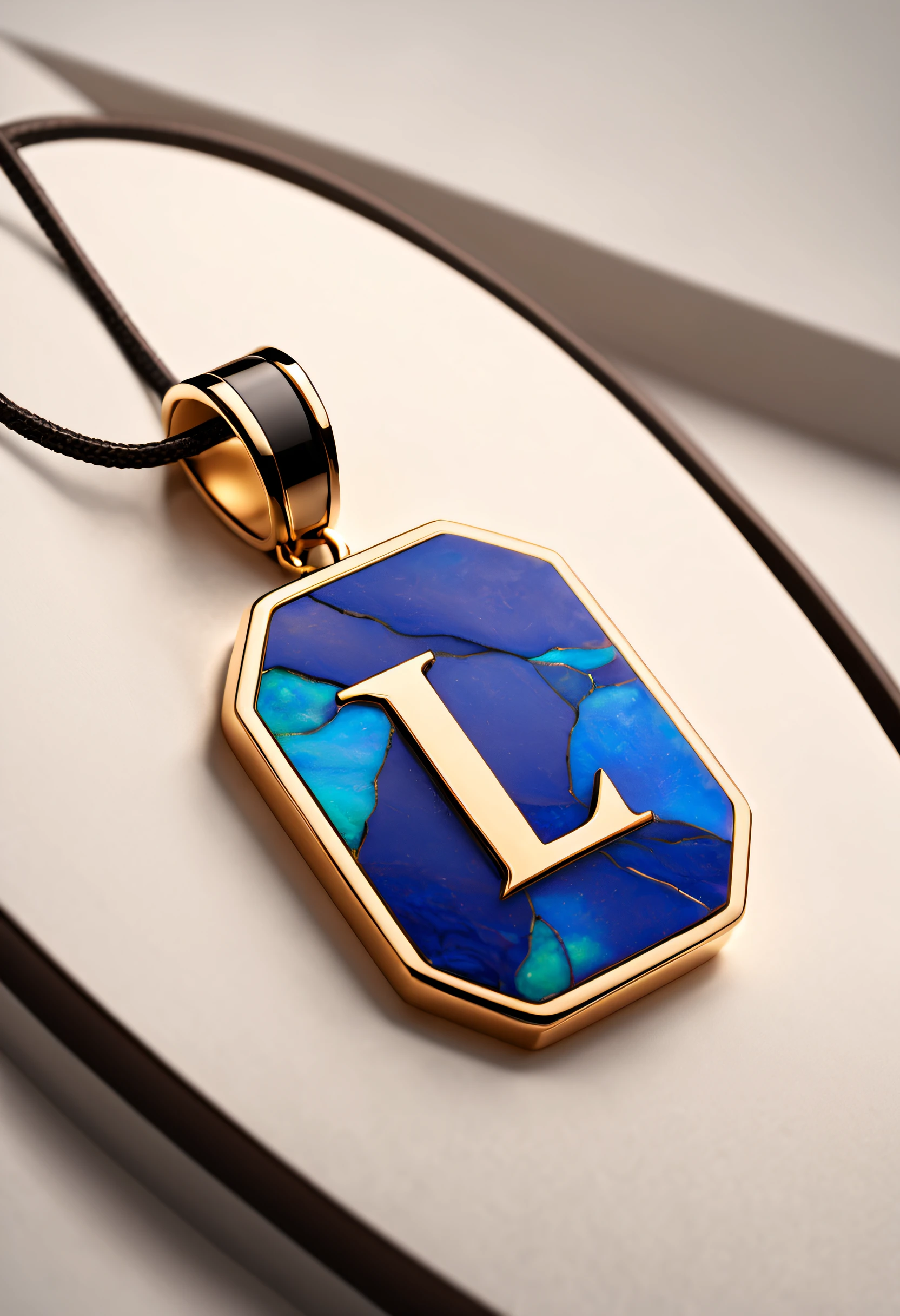 pendant design,Logo design，European and American minimalist style， (Letter L pendant design), （double opal：1.0）, Black gold border, lapis lazuli，turquesa，black shell，Van Cleef & Arpels & alpes & alps ,cartier, Background with: The white,The content is very detailed, Best quality, tmasterpiece, A high resolution, hyper realisitc, 8K,gentlesoftlighting，