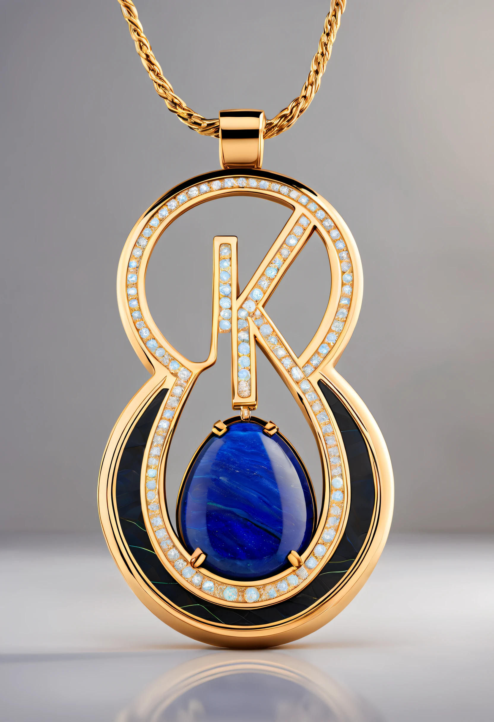 pendant design,Logo design，European and American minimalist style， (Letter K pendant design), （double opal：1.0）, Black gold border, lapis lazuli，turquesa，black shell，Van Cleef & Arpels & alpes & alps ,cartier, Background with: The white,The content is very detailed, Best quality, tmasterpiece, A high resolution, hyper realisitc, 8K,gentlesoftlighting，